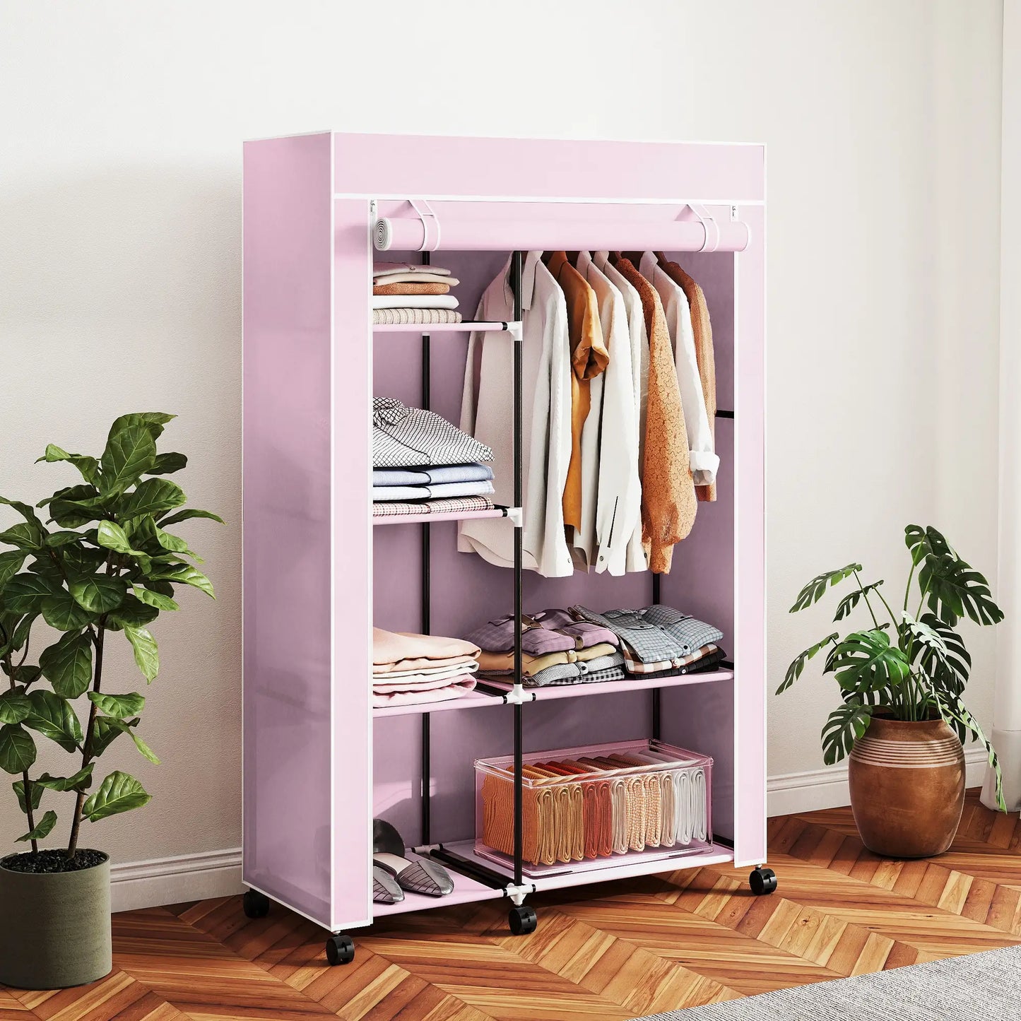 👕 ARMARIO DE TELA PLEGABLE 103 CM CON 6 ESTANTES Y BARRA PARA COLGAR – 5 COLORES