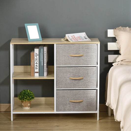 🌿 CÓMODA NORDIC FABRIC 3C – 3 CAJONES DE TELA Y 2 ESTANTES EN MADERA NATURAL Y GRIS CLARO