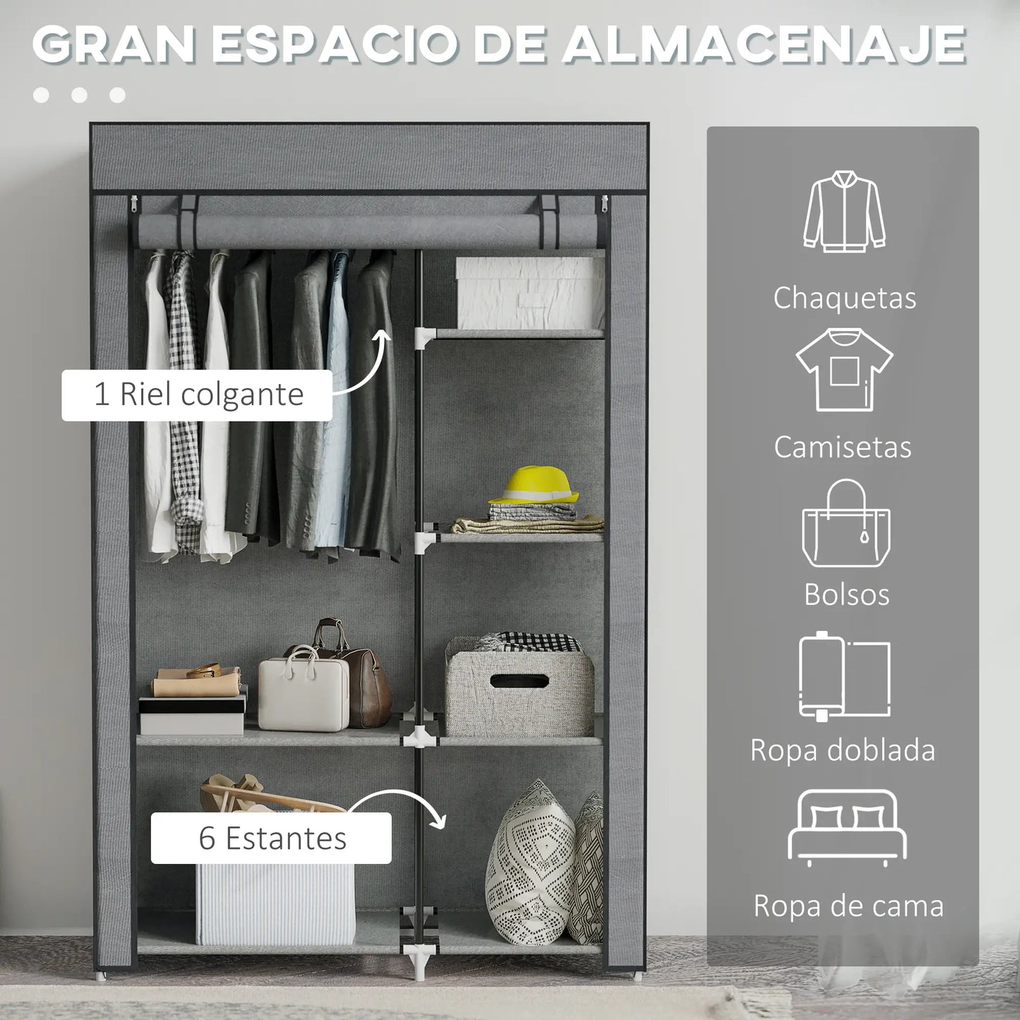 👕 ARMARIO DE TELA PLEGABLE 103 CM CON 6 ESTANTES Y BARRA PARA COLGAR – 5 COLORES