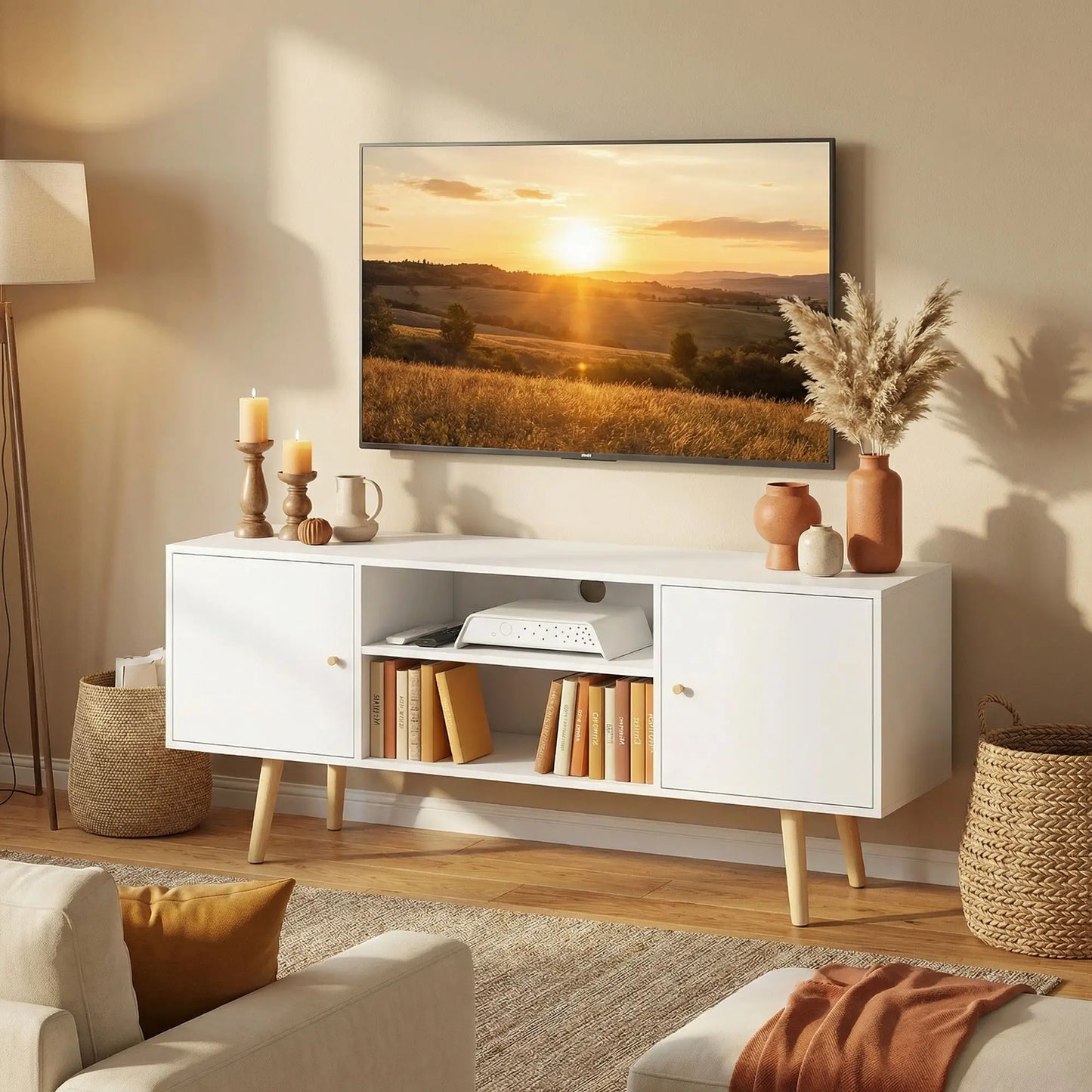 📺 MUEBLE TV “NORDIC 120” – 2 ARMARIOS + 2 ESTANTES · BLANCO Y MADERA · HASTA 55"
