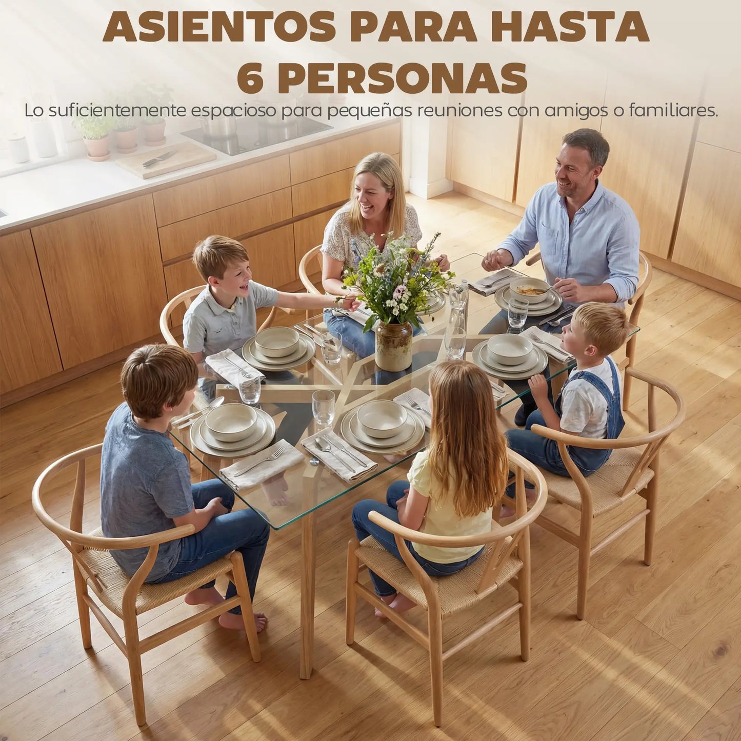 🍽️ Mesa de Comedor Rectangular de Cristal Templado para 6 Personas – 150 × 75 × 76 cm – Transparente / Madera Natural | JAM MUEBLES