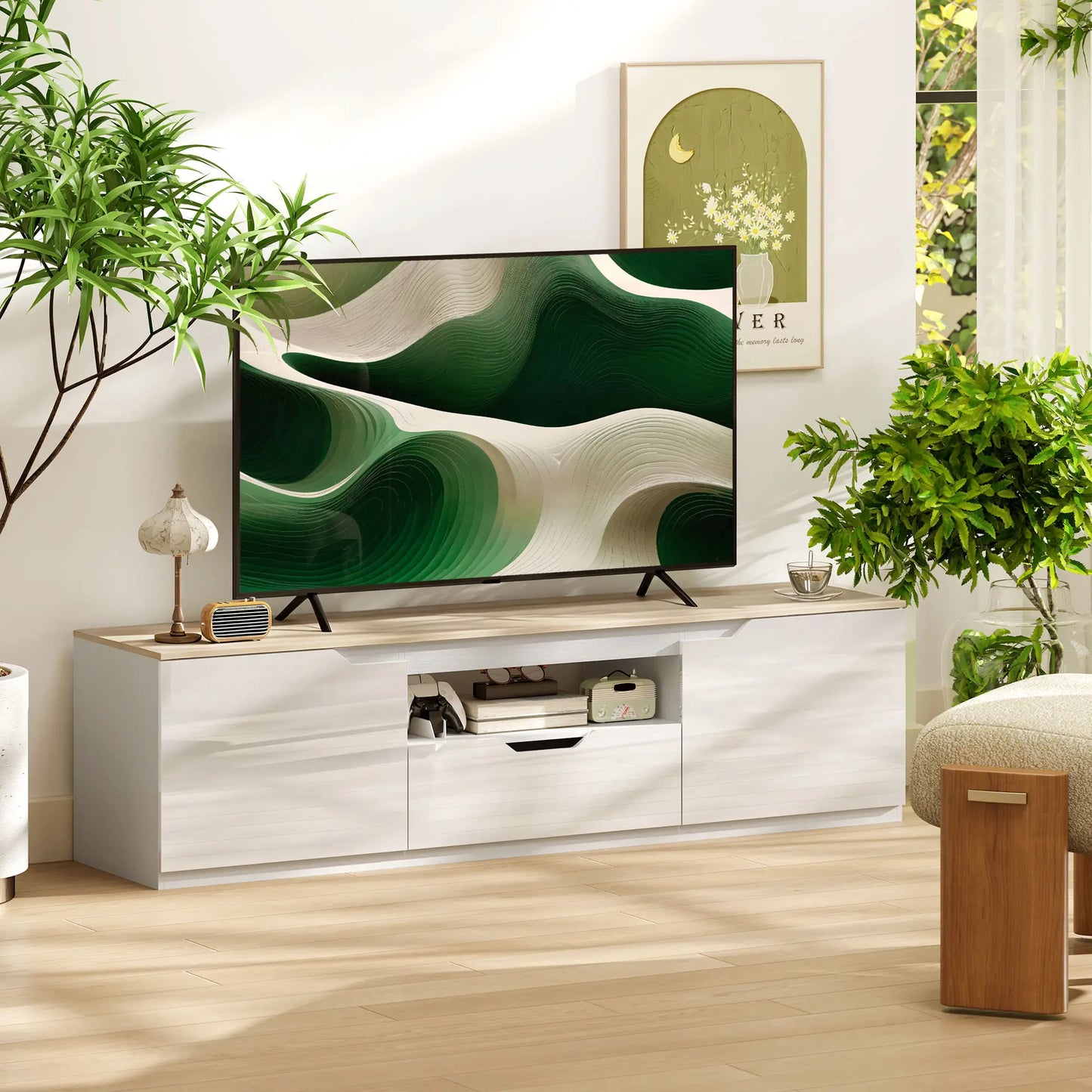 📺 MUEBLE TV “GLOSS 160” – ALTO BRILLO · 2 PUERTAS + CAJÓN + HUECO ABIERTO · HASTA 65"