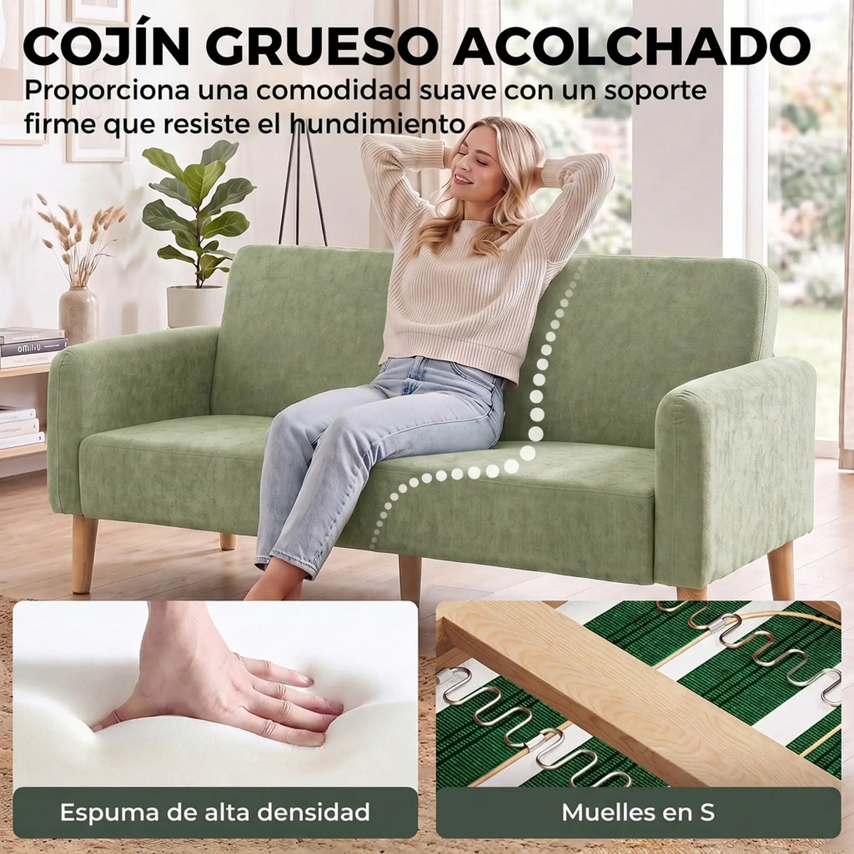 💚 SOFÁ VELVET GREEN 2 PLAZAS – TERCIOPELO VERDE CON ASIENTO ACOLCHADO 160 CM