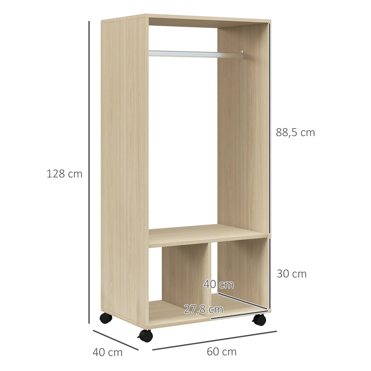 👕 ARMARIO ABIERTO CON RUEDAS 60 CM – BARRA PARA COLGAR Y ESTANTES – BLANCO Y ROBLE NATURAL