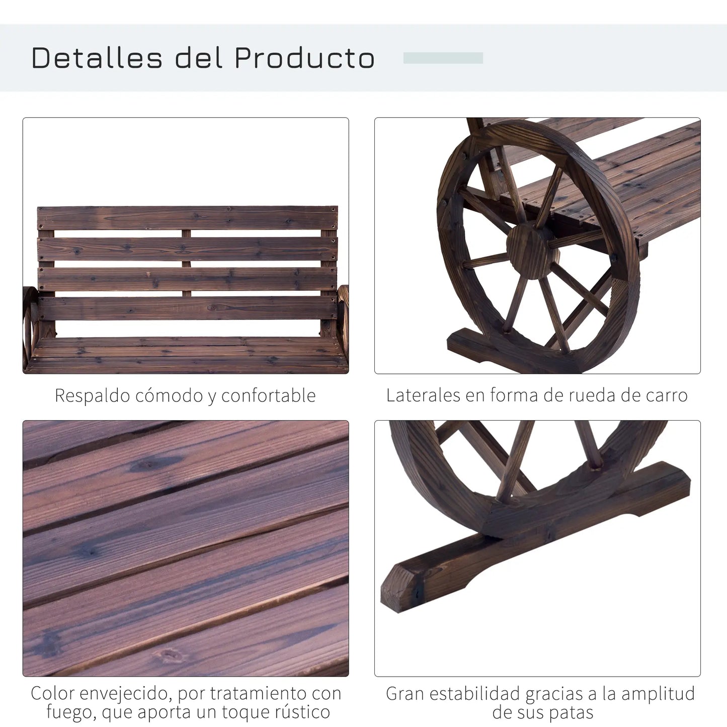 🌿 Banco de Jardín Modelo Rustico Wheel 2 Plazas Madera Diseño Rueda