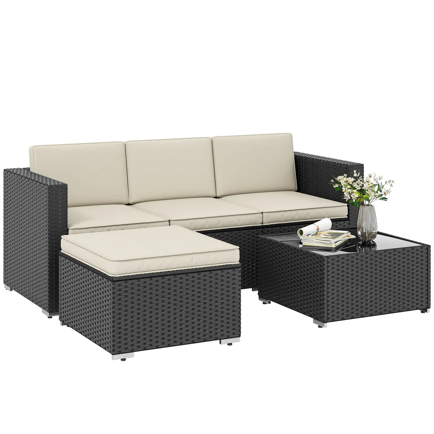 🌿 CONJUNTO DE JARDÍN BARATO 3 PIEZAS “NOIRZEN” – SOFÁ 3 PLAZAS + MESA + TABURETE