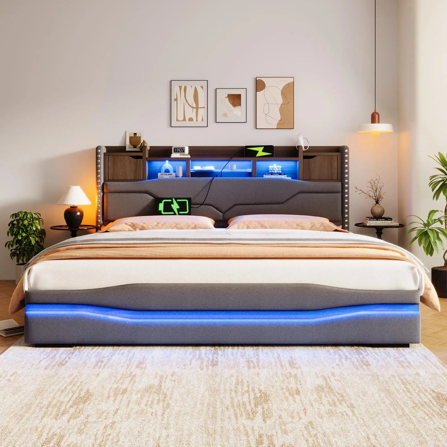 🛏️ CAMA TAPIZADA 180x200 CM CON CANAPÉ ABATIBLE HIDRÁULICO, LED Y USB – GRIS