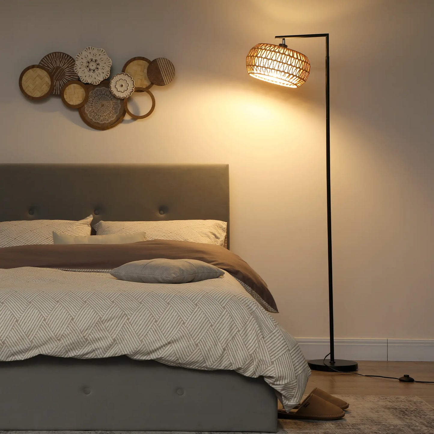 💡 Lámpara de Pie Bohemia con Doble Pantalla Regulable – 3 Temperaturas de Color, Brillo Ajustable y Mando a Distancia