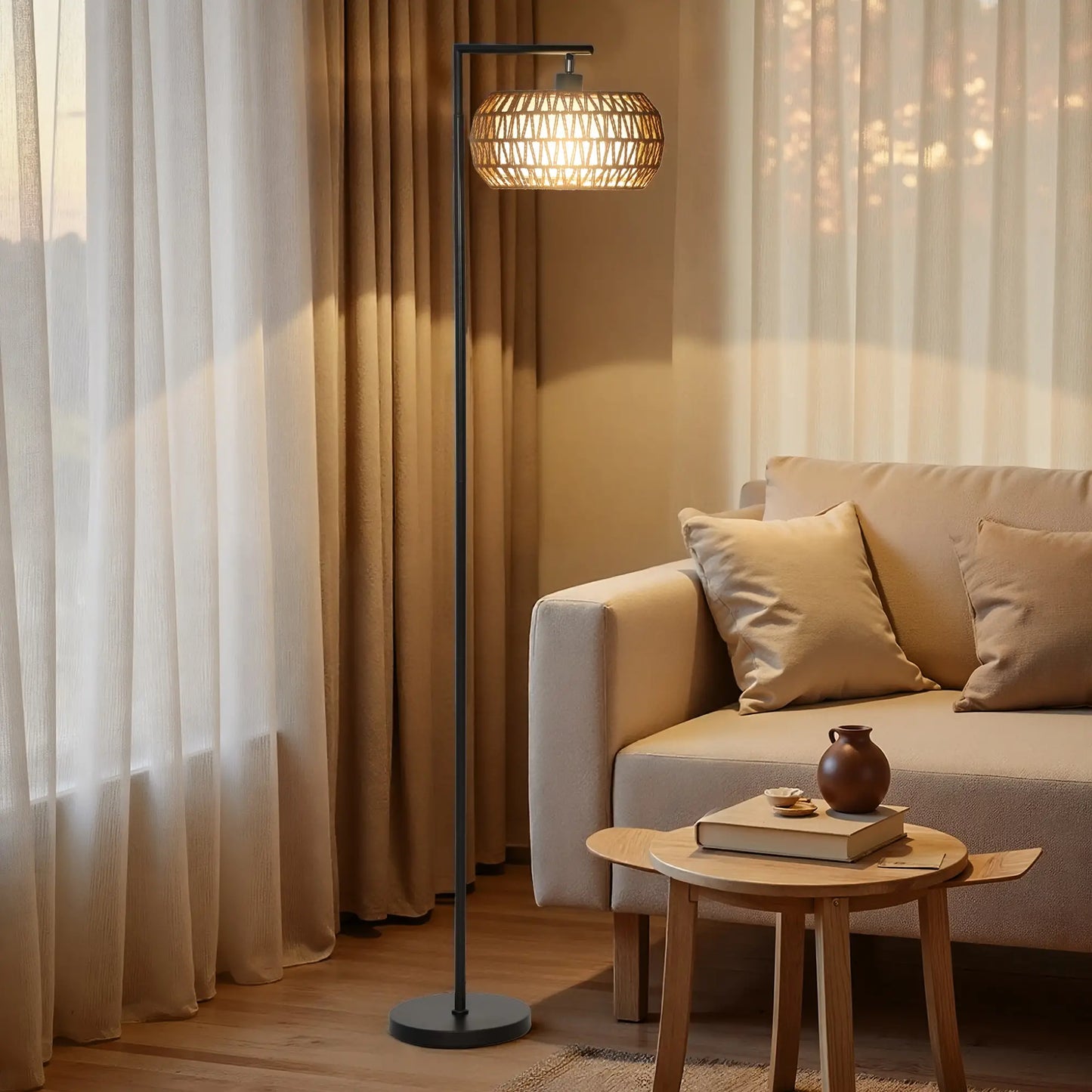 💡 Lámpara de Pie Bohemia con Doble Pantalla Regulable – 3 Temperaturas de Color, Brillo Ajustable y Mando a Distancia