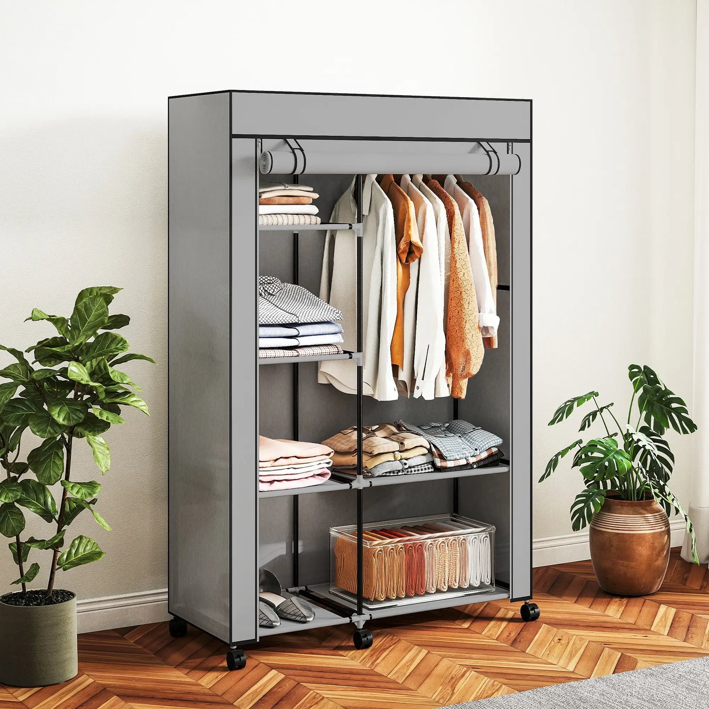 👕 ARMARIO DE TELA PLEGABLE 103 CM CON 6 ESTANTES Y BARRA PARA COLGAR – 5 COLORES