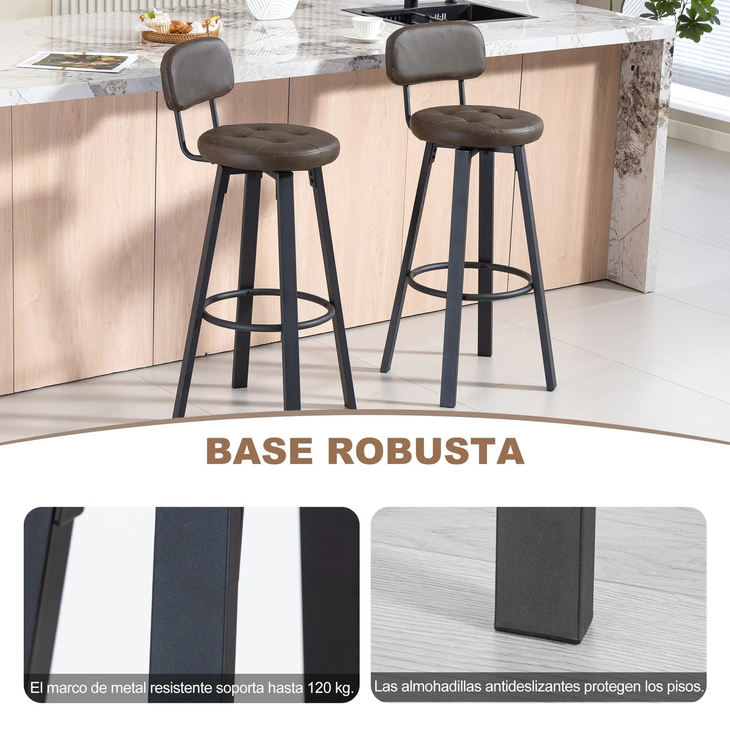 🪑 Juego de 2 Taburetes Altos de Cocina Giratorios Tapizados en PU Marrón Oscuro – Con Respaldo, Reposapiés y Estructura Metálica