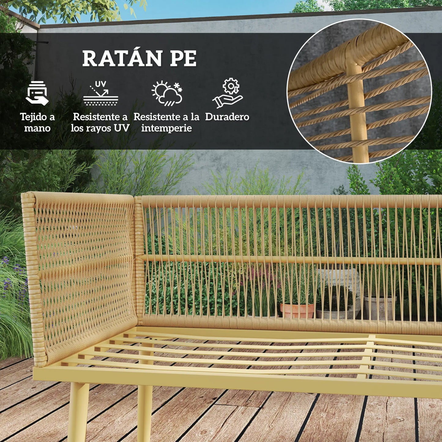 🌿 CONJUNTO DE JARDÍN MODULAR 5 PLAZAS BARATO “BOHORIA” – SOFÁ EN L + MESA RATÁN