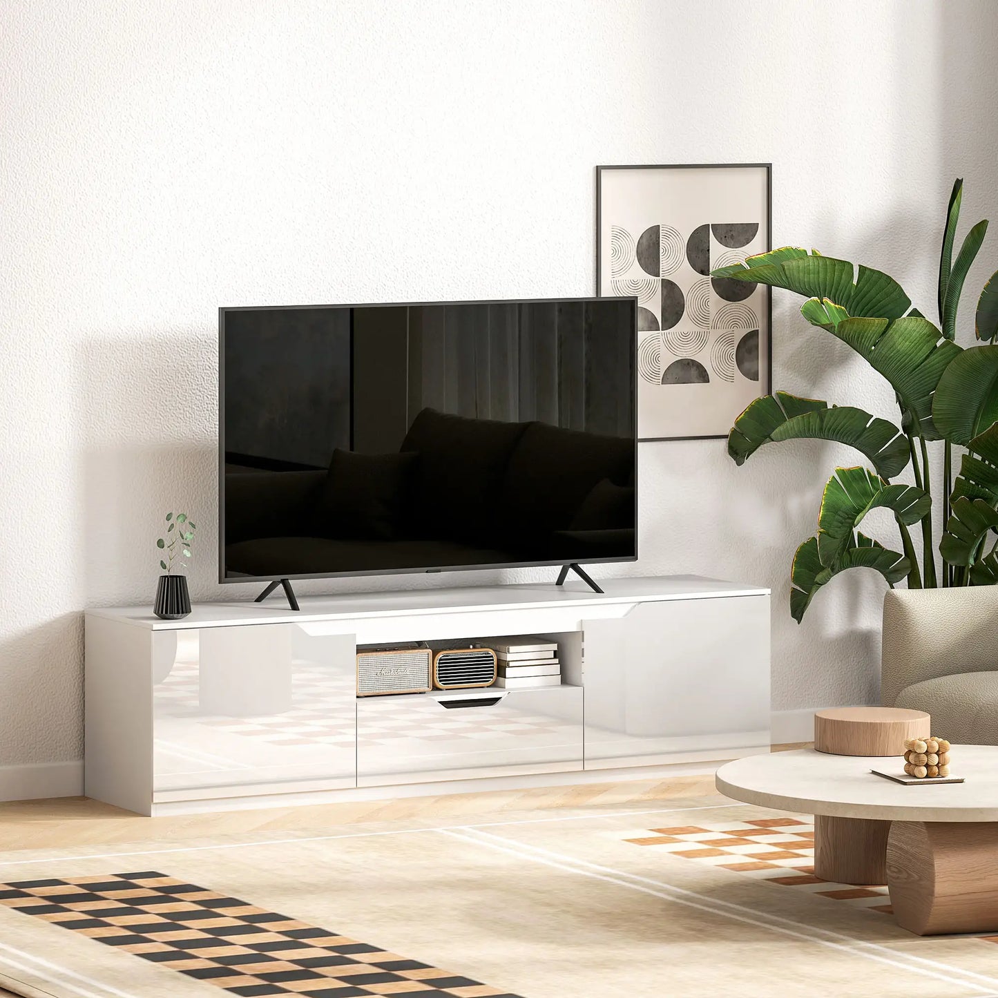 📺 MUEBLE TV “GLOSS 160” – ALTO BRILLO · 2 PUERTAS + CAJÓN + HUECO ABIERTO · HASTA 65"