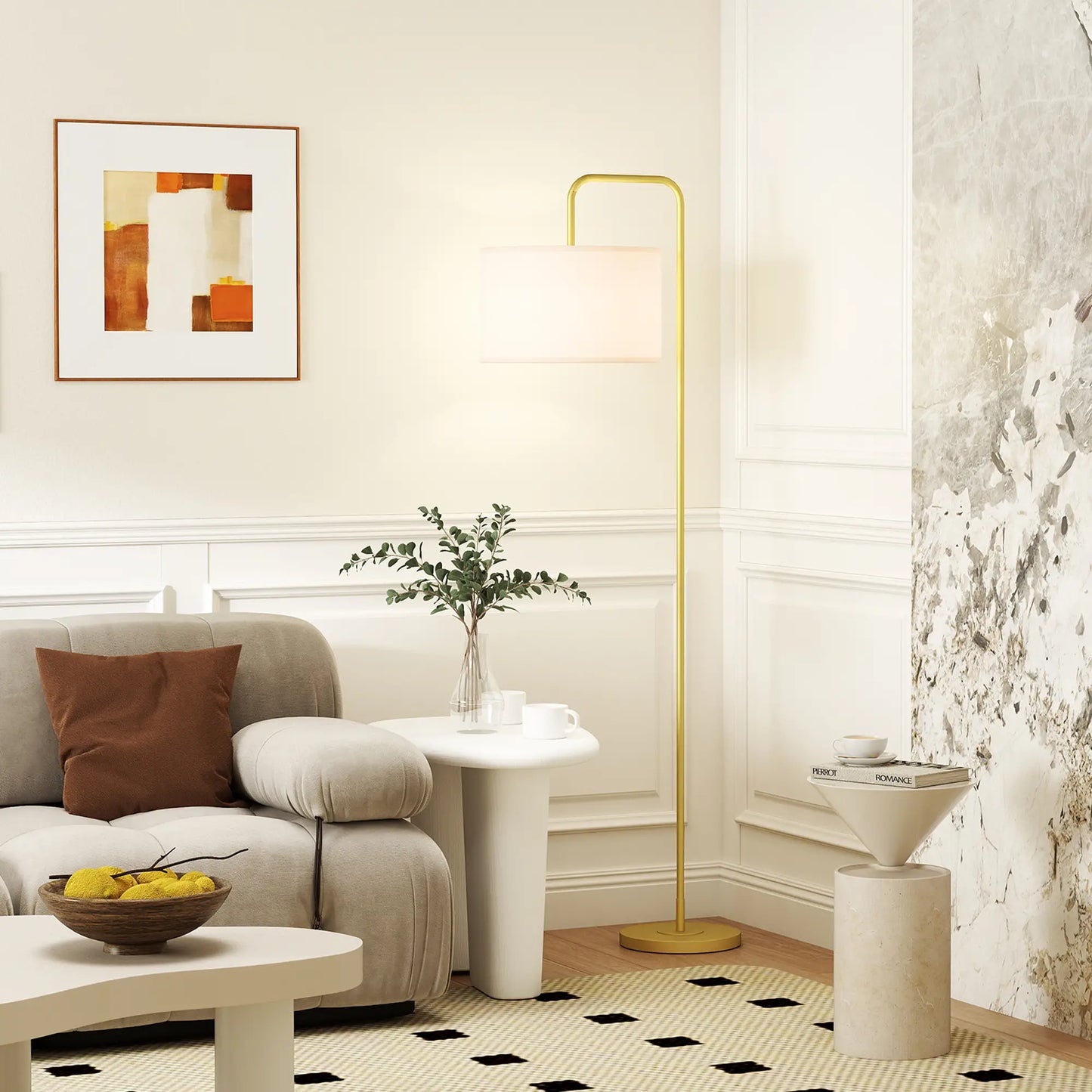 💡 Lámpara de Pie Moderna con Pantalla de Lino Sintético – Diseño Curvo Blanco y Dorado para Salón, Dormitorio y Oficina