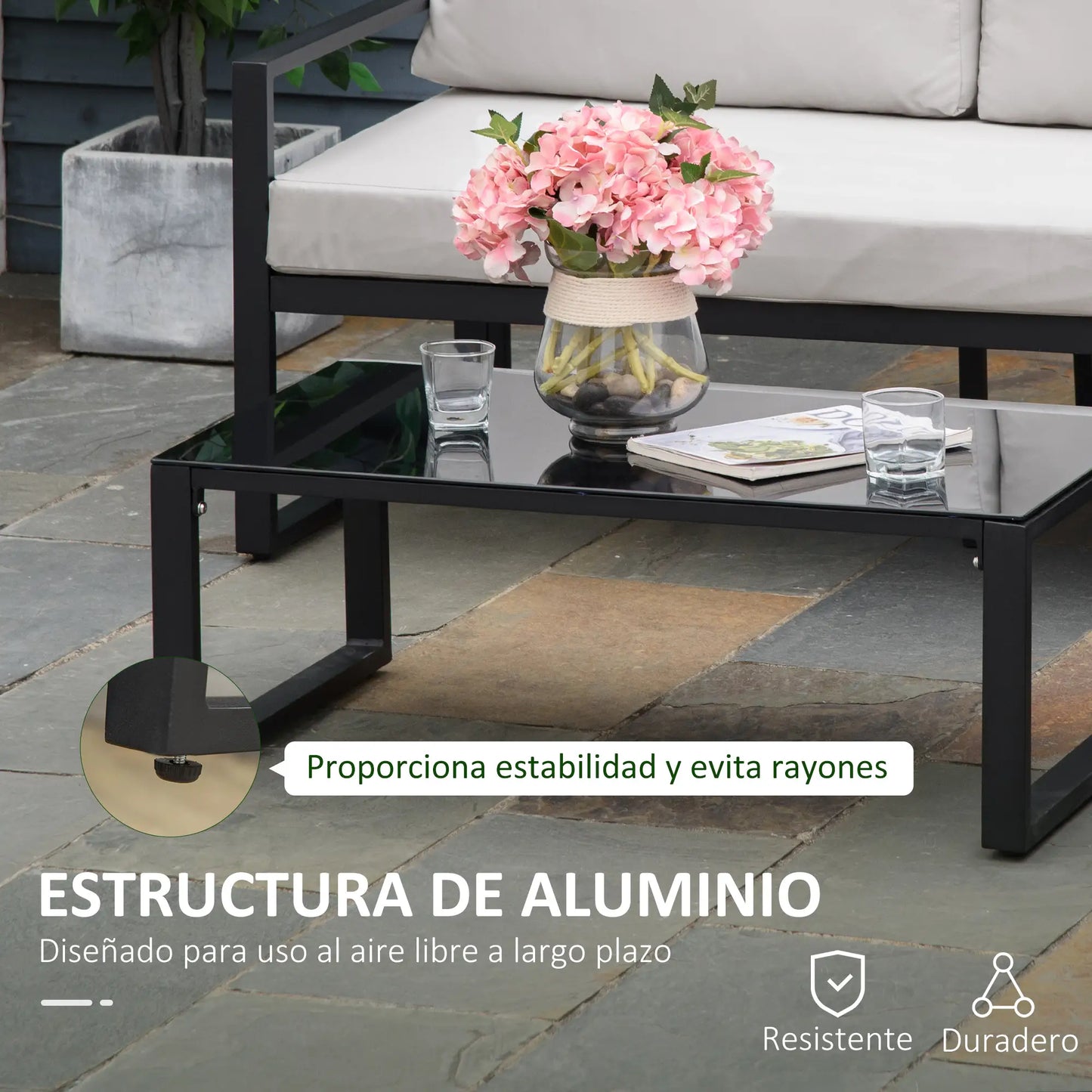 🌿 CONJUNTO DE JARDÍN 5 PLAZAS BARATO “LUXORIS” – SOFÁ EXTERIOR EN L + MESA