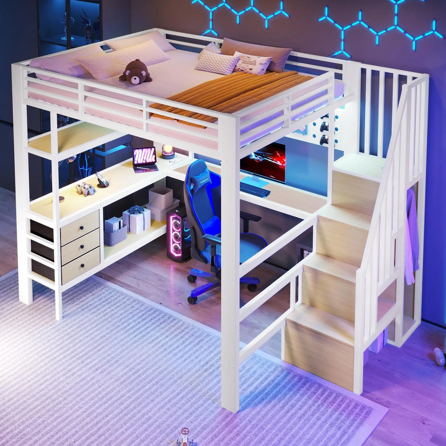 🎮 CAMA ALTA GAMER 140 × 200 CM CON ESCRITORIO, LED, ESTANTERÍAS Y 3 CAJONES | BLANCA | JAM MUEBLES