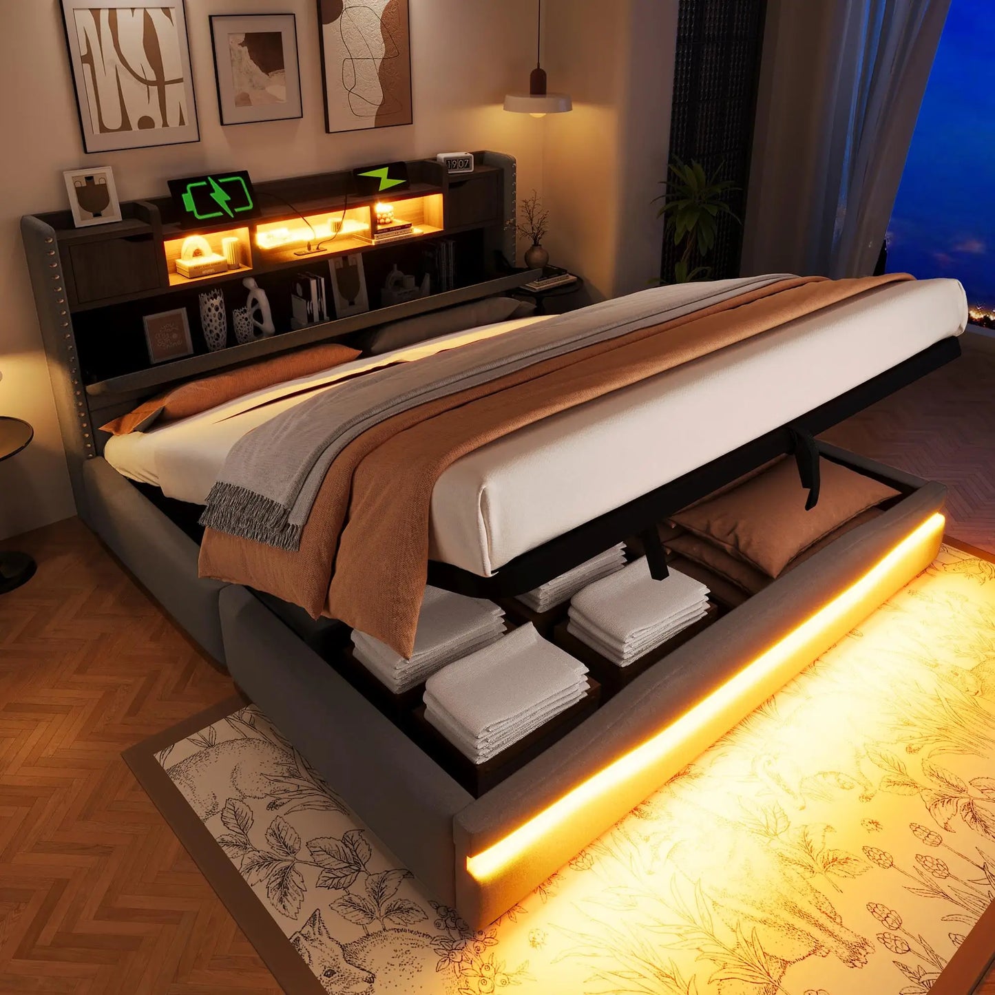 🛏️ CAMA TAPIZADA 180x200 CM CON CANAPÉ ABATIBLE HIDRÁULICO, LED Y USB – GRIS