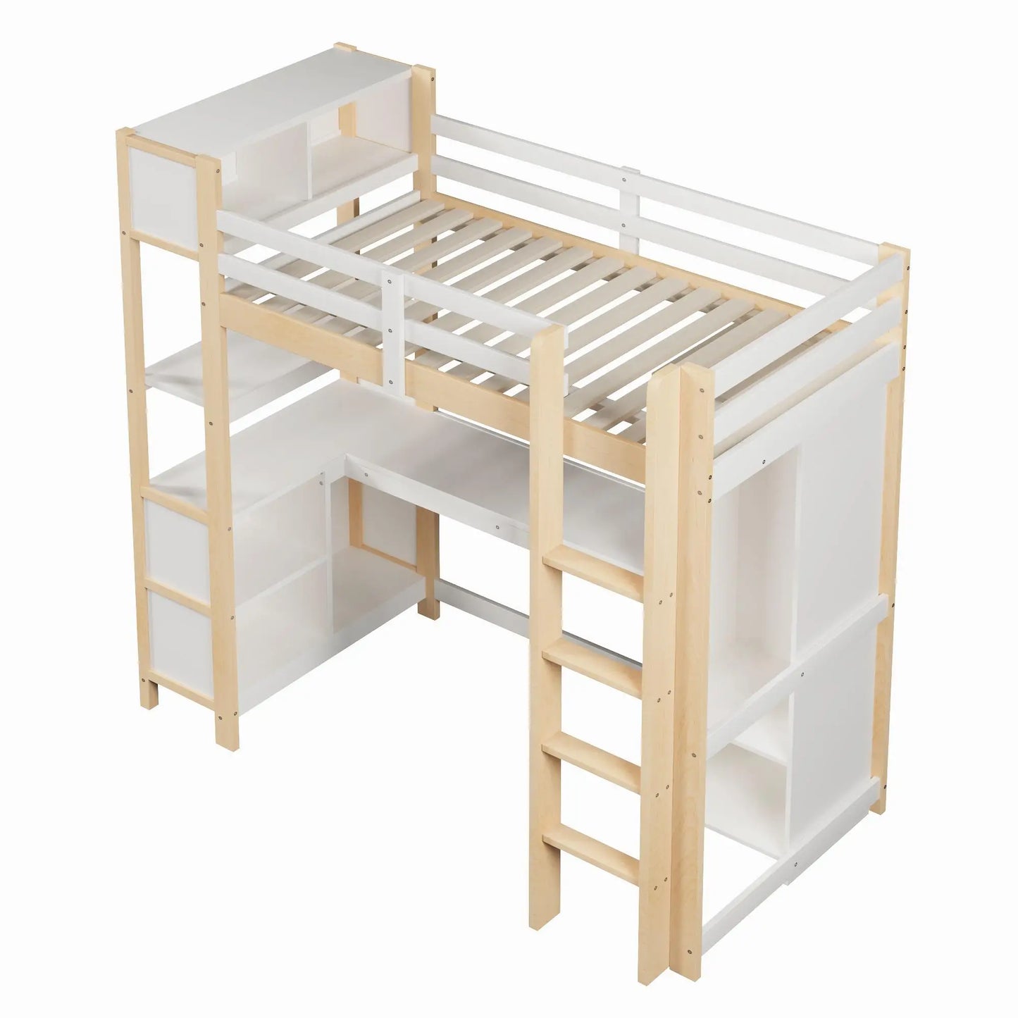 🛏️ CAMA ALTA INFANTIL 90x200 CM CON ESCRITORIO, ARMARIO Y ESTANTERÍAS – BLANCO O COLOR NATURAL