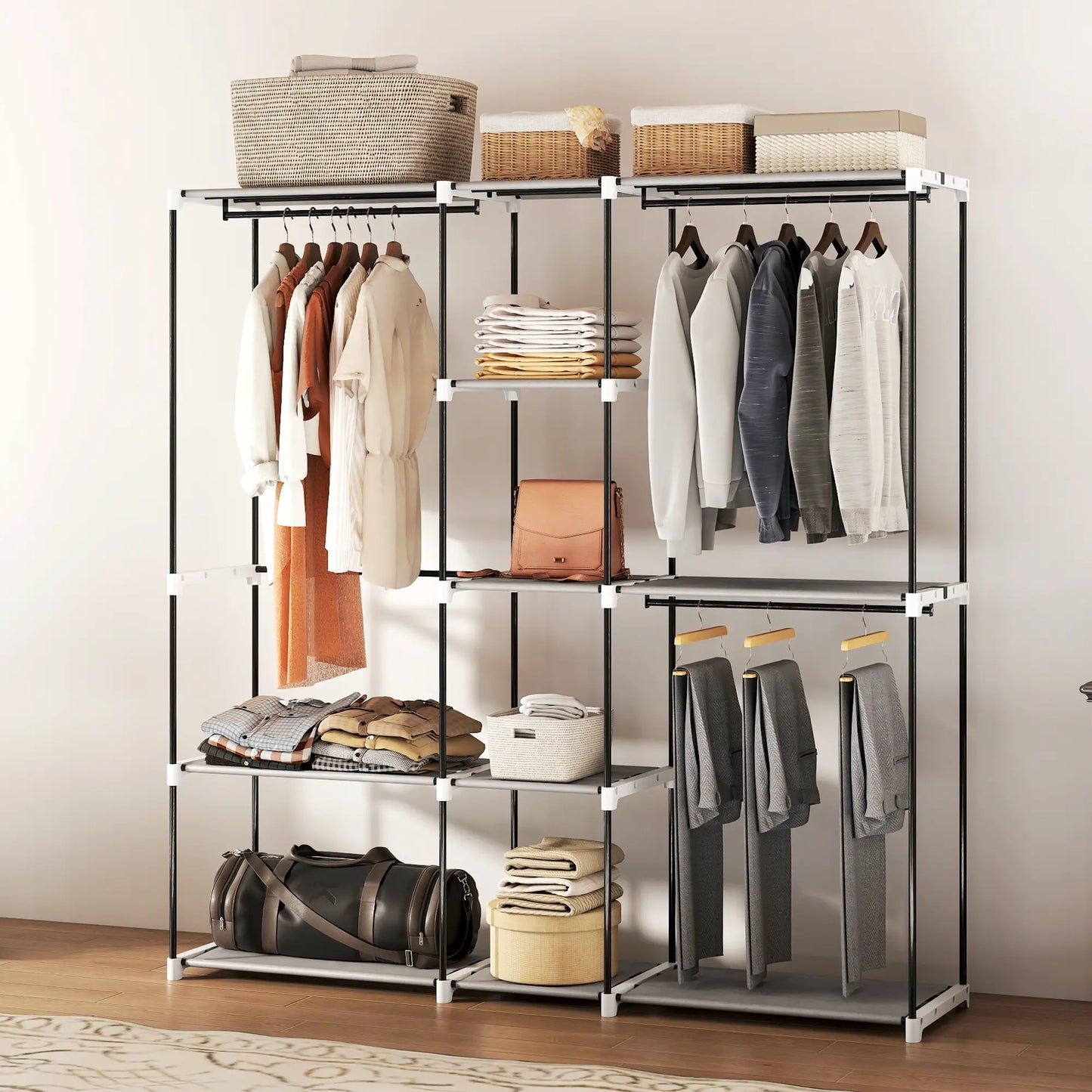👕 ARMARIO ABIERTO PARA ROPA 182 CM CON 8 ESTANTES Y 3 BARRAS – GRIS CLARO