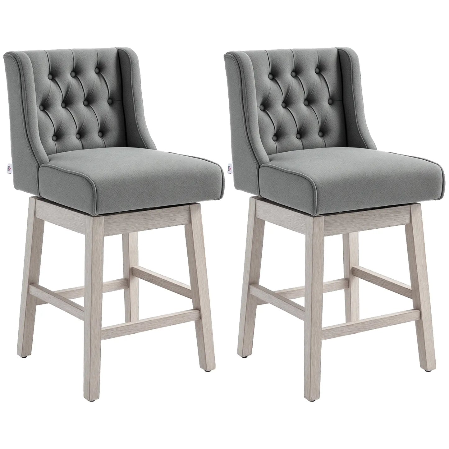 🪑 Juego de 2 Taburetes de Bar con Respaldo Giratorio 180° – Tapizados en Tela Gris con Patas de Madera de Caucho