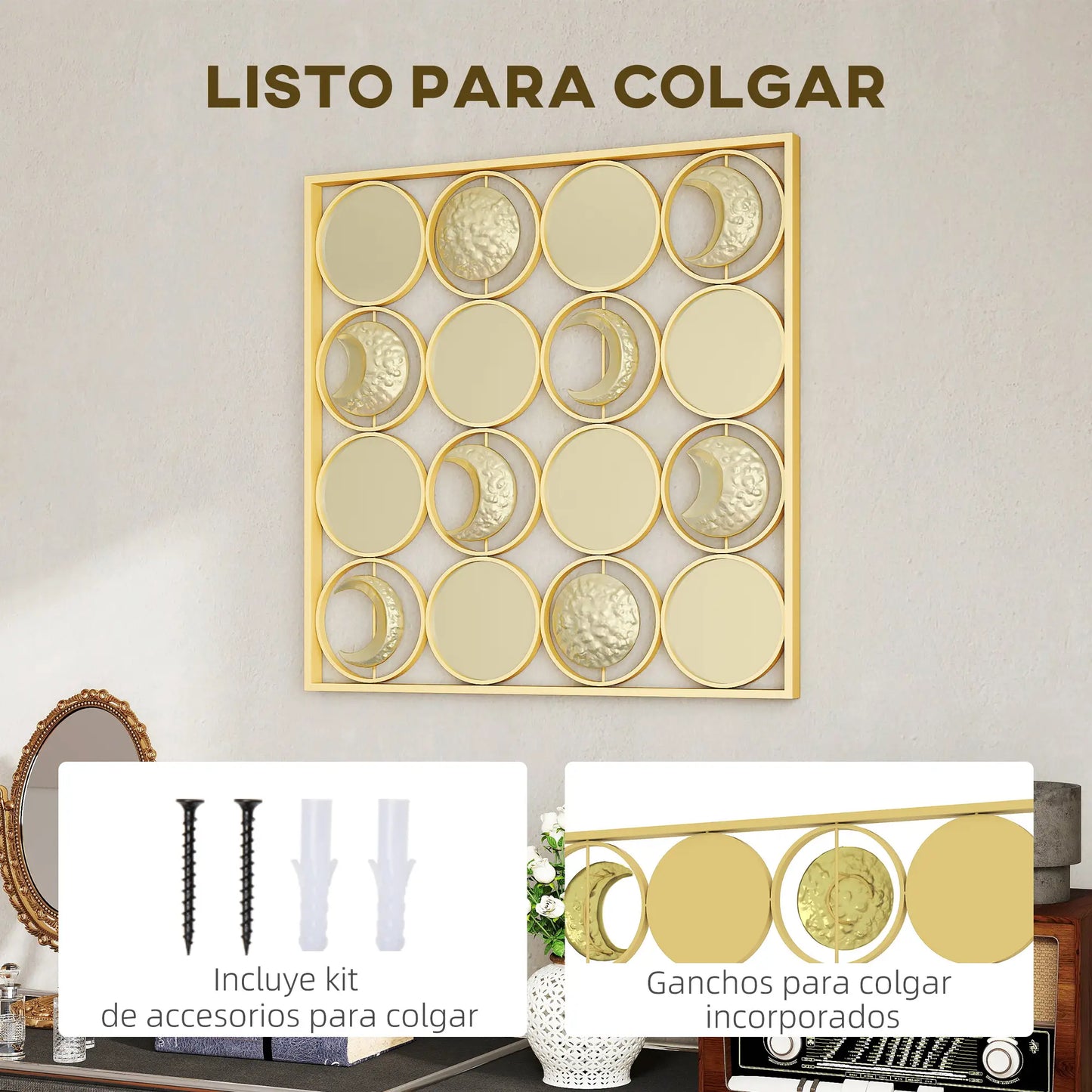 🌙 CUADRO DECORATIVO DE METAL FASES LUNARES – DECORACIÓN DE PARED DORADA 67,9 × 67,9 CM