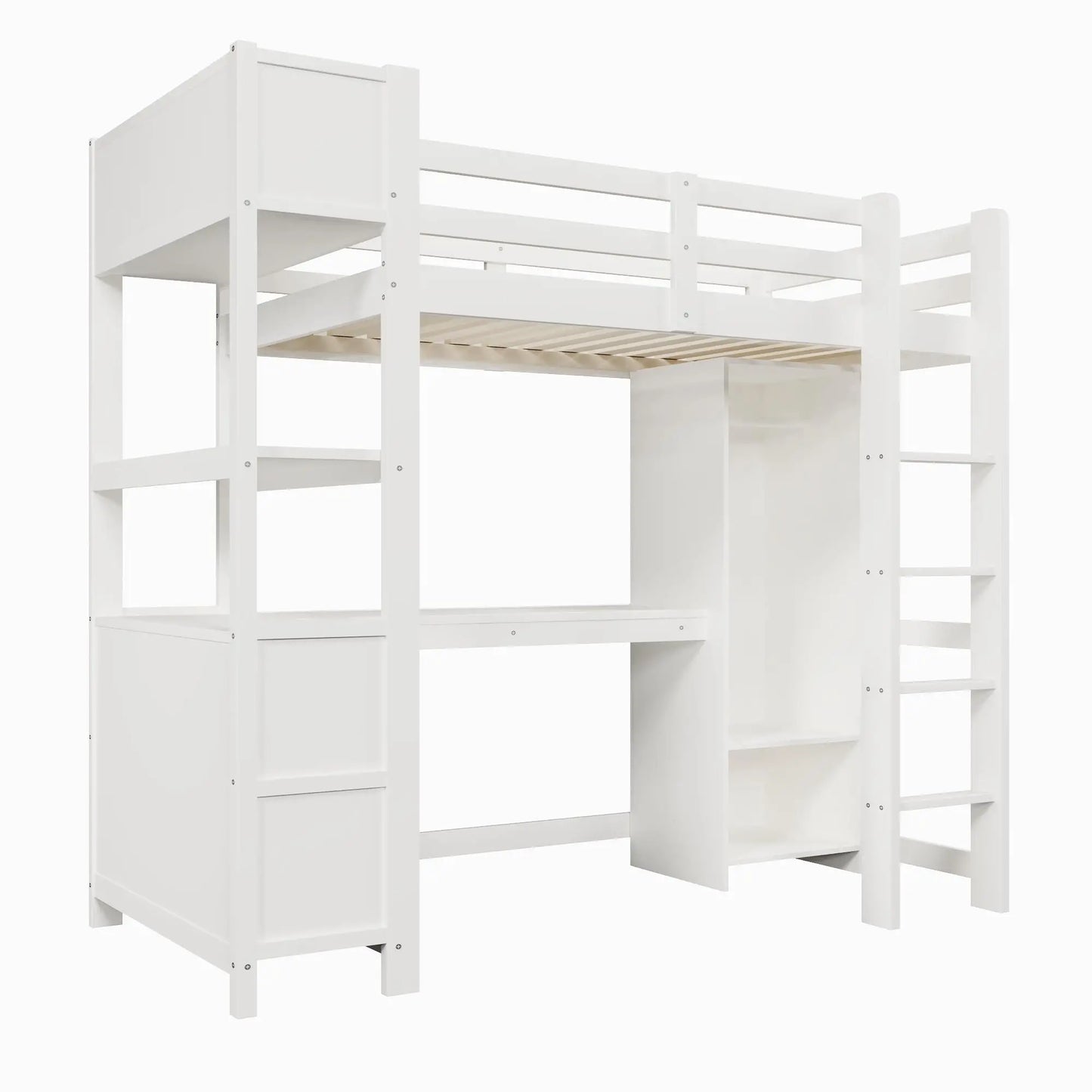 🛏️ CAMA ALTA INFANTIL 90x200 CM CON ESCRITORIO, ARMARIO Y ESTANTERÍAS – BLANCO O COLOR NATURAL