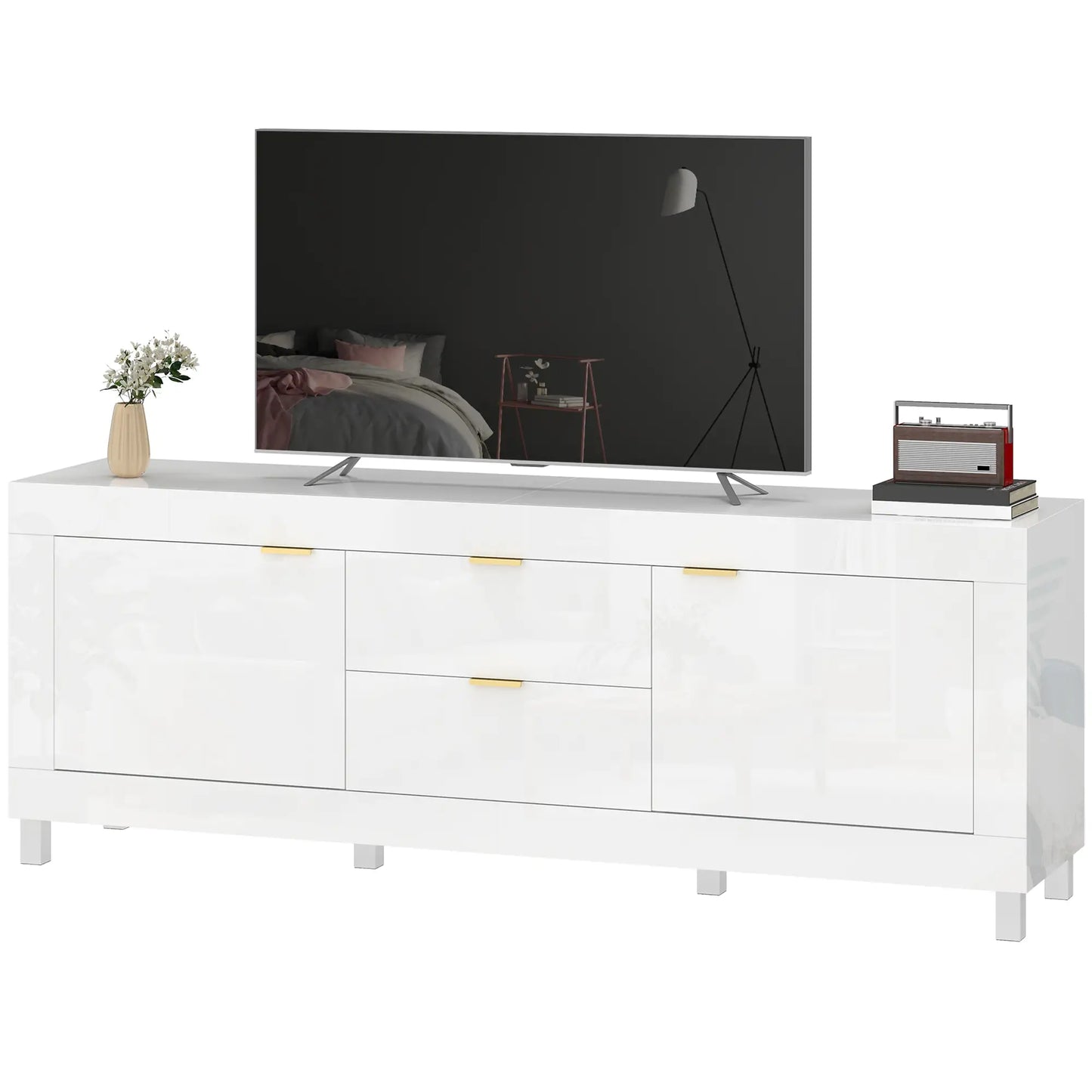 📺 MUEBLE TV “GLOSSY 180” – BLANCO ALTO BRILLO · 2 ARMARIOS + 2 CAJONES · PARA TV HASTA 75"