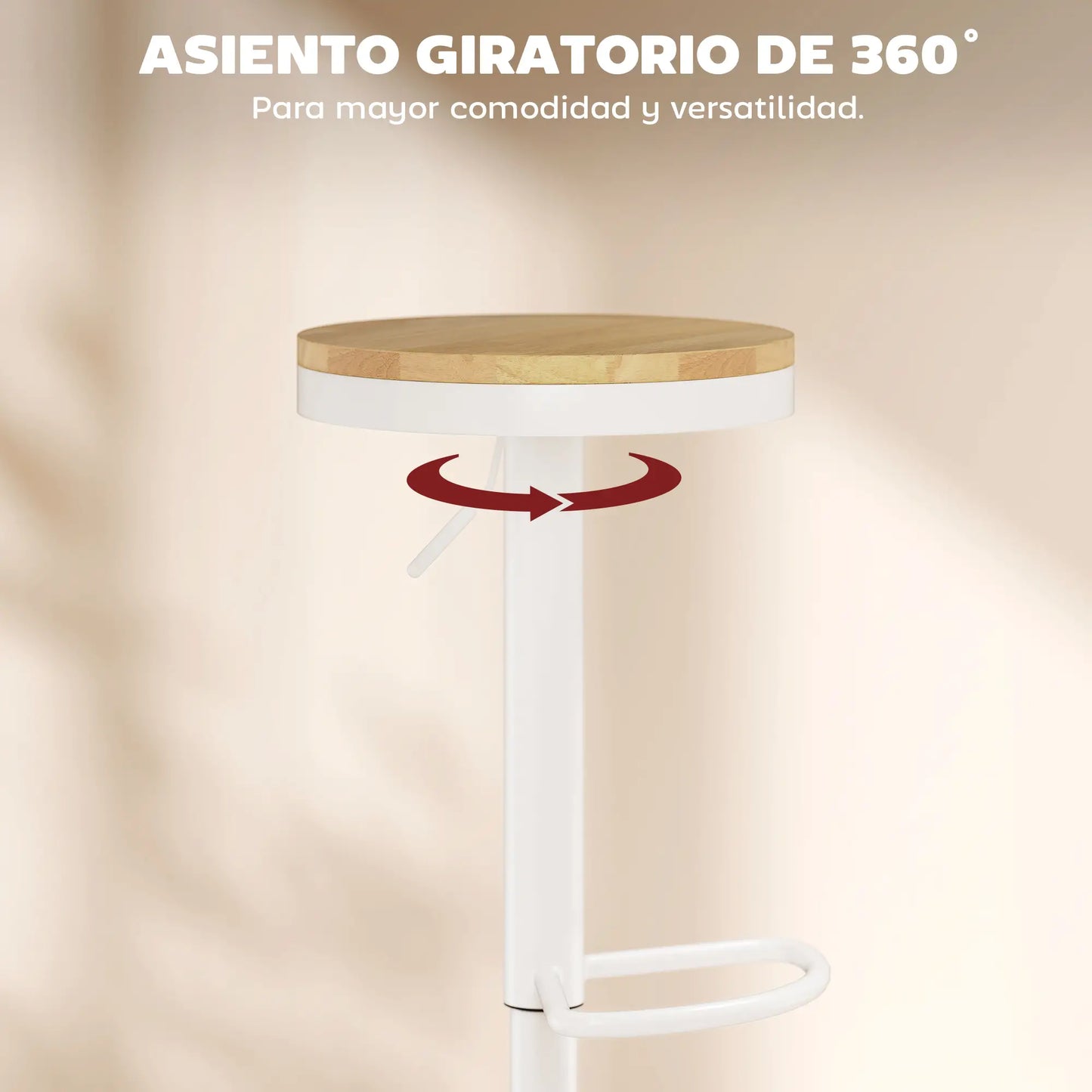 🪑 Juego de 2 Taburetes Altos de Cocina Regulables con Asiento de Madera Natural – Giratorios 360° con Base de Acero Blanca