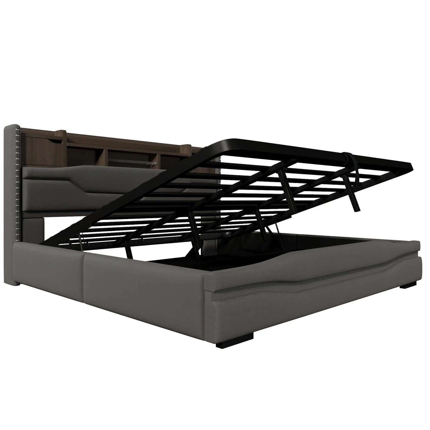 🛏️ CAMA TAPIZADA 180x200 CM CON CANAPÉ ABATIBLE HIDRÁULICO, LED Y USB – GRIS