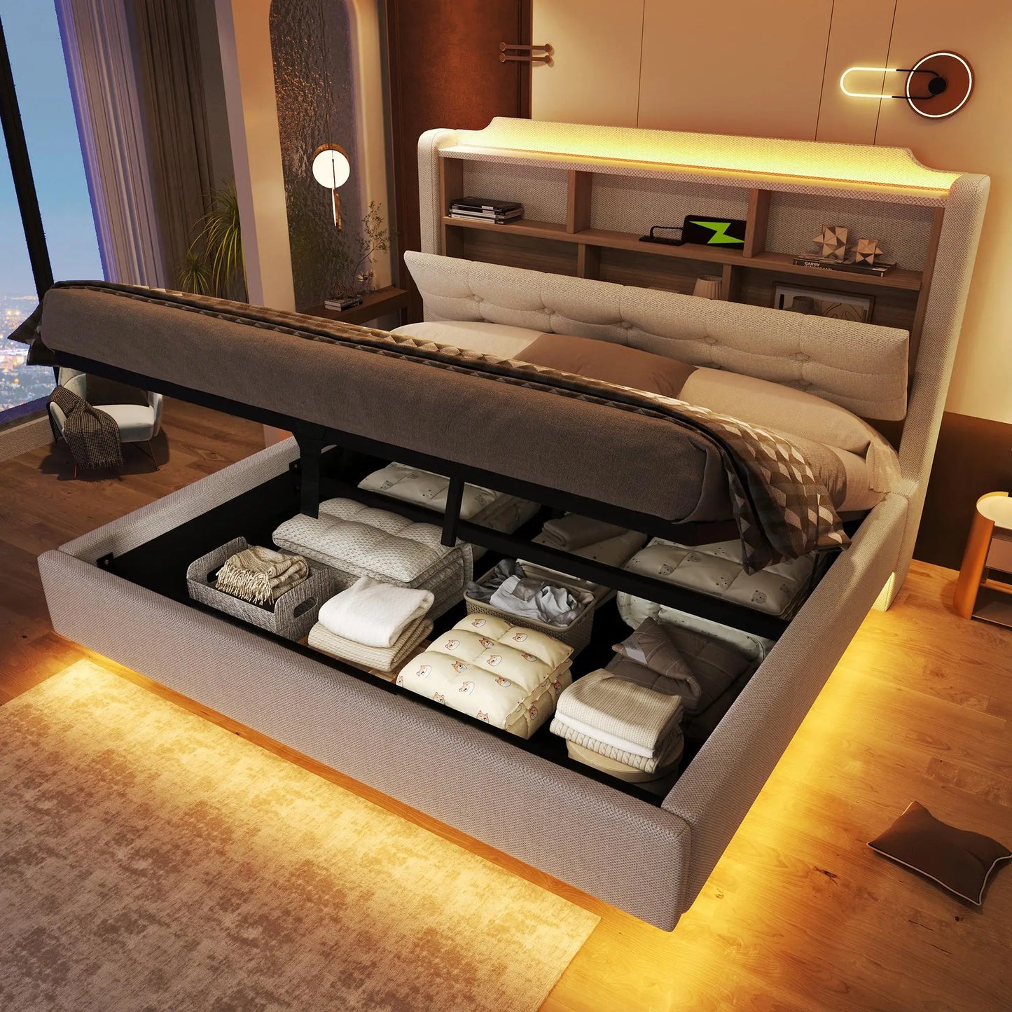 🛏️ CAMA TAPIZADA FLOTANTE 140 × 200 CM CON LED, USB Y ARCÓN HIDRÁULICO | GRIS Y BEIGE | JAM MUEBLES