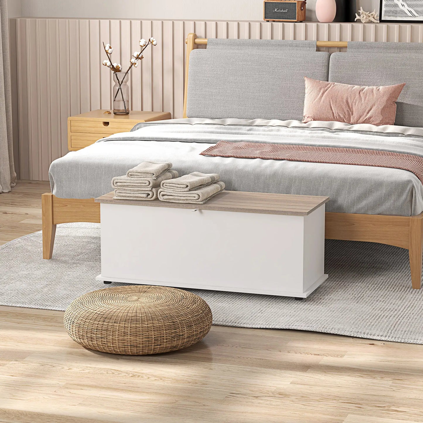 🧰 ARCÓN DE ALMACENAMIENTO 100 CM NATURAL Y BLANCO – BAÚL CON TAPA Y BANCO HASTA 120 KG