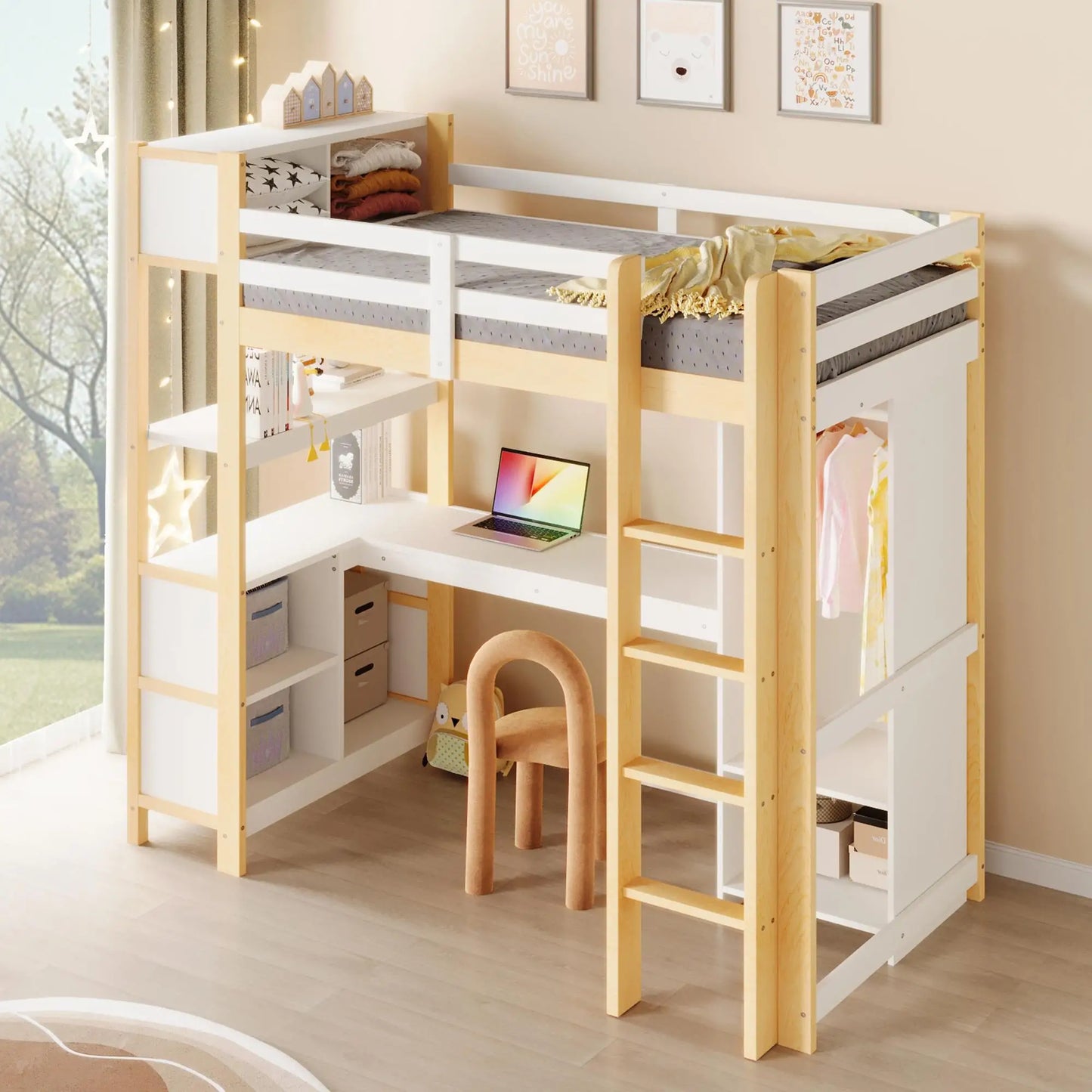 🛏️ CAMA ALTA INFANTIL 90x200 CM CON ESCRITORIO, ARMARIO Y ESTANTERÍAS – BLANCO O COLOR NATURAL