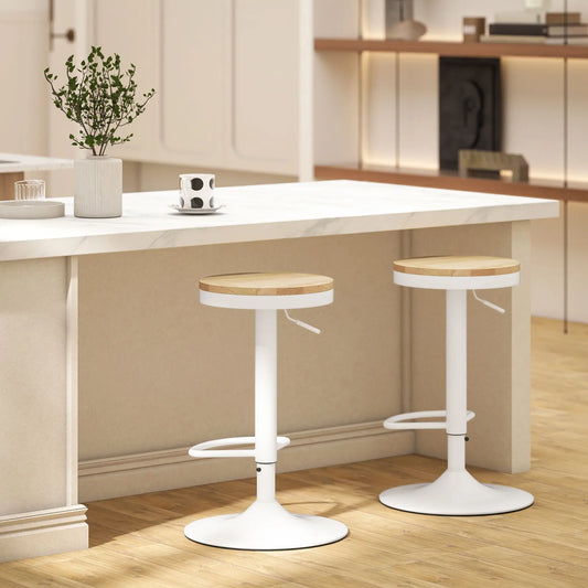 🪑 Juego de 2 Taburetes Altos de Cocina Regulables con Asiento de Madera Natural – Giratorios 360° con Base de Acero Blanca