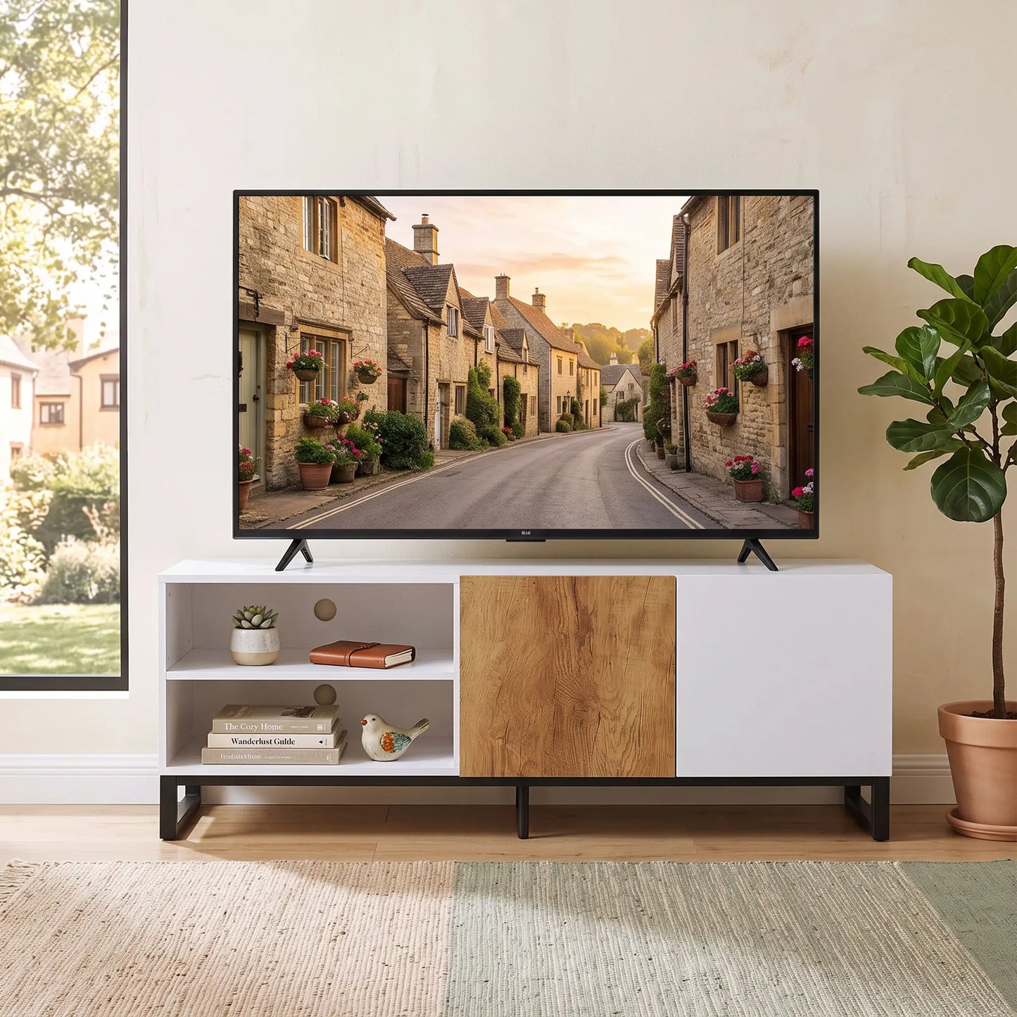 📺 Mueble TV Moderno Blanco y Roble hasta 140 cm | Estantes Ajustables | JAM MUEBLES