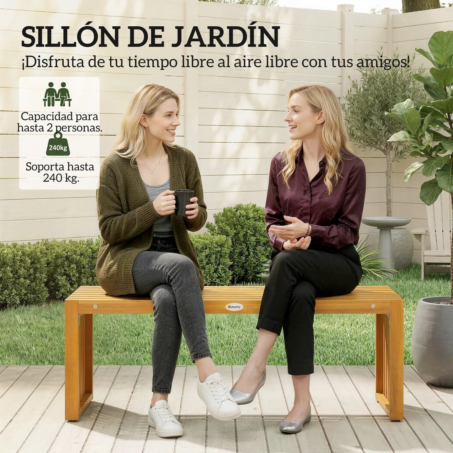 🌿 Banco de Jardín Modelo Acacia Pure 2 Plazas Madera Natural Sin Respaldo