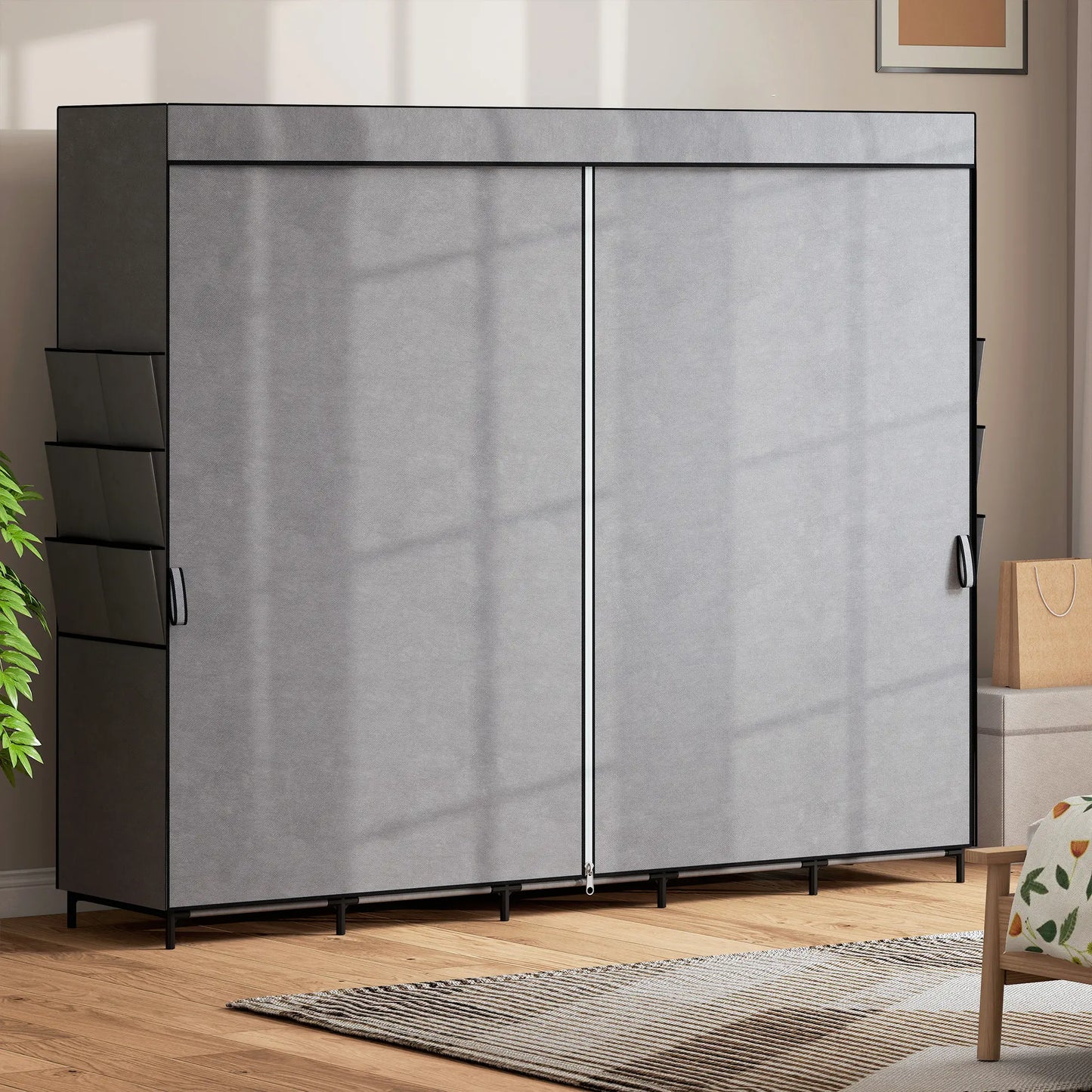 👕 ARMARIO DE TELA GRANDE 212 CM CON 5 BARRAS, 5 ESTANTES Y 6 BOLSILLOS – GRIS
