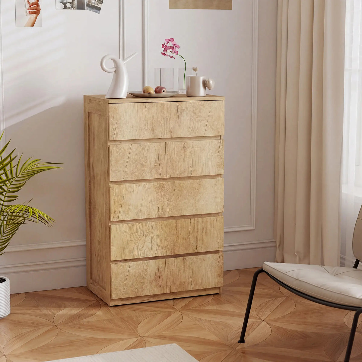 🌿 CÓMODA NATURA FIVE 5C – 5 CAJONES EN MADERA NATURAL SIN TIRADORES