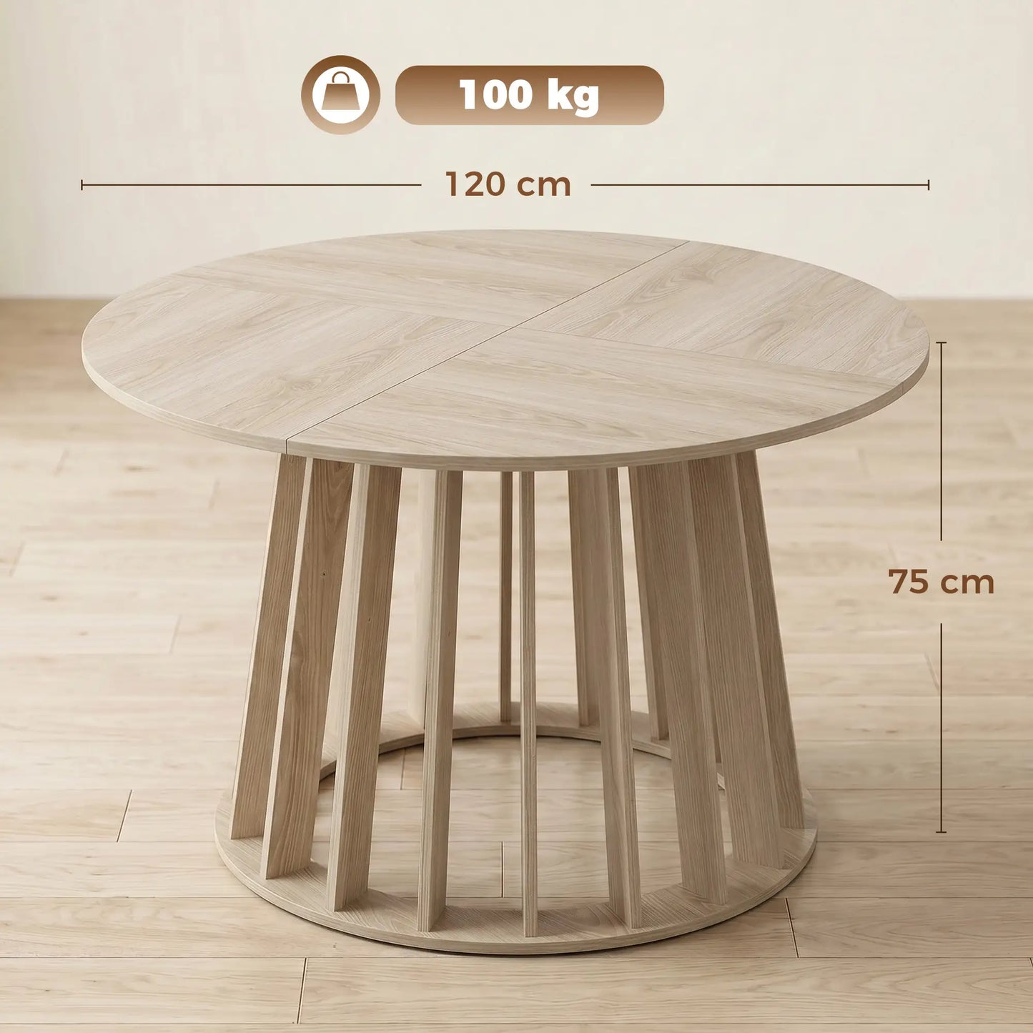 🍽️ Mesa de Comedor Redonda Ø120 cm para 4-6 Personas – Base de Listones – Madera Natural | JAM MUEBLES