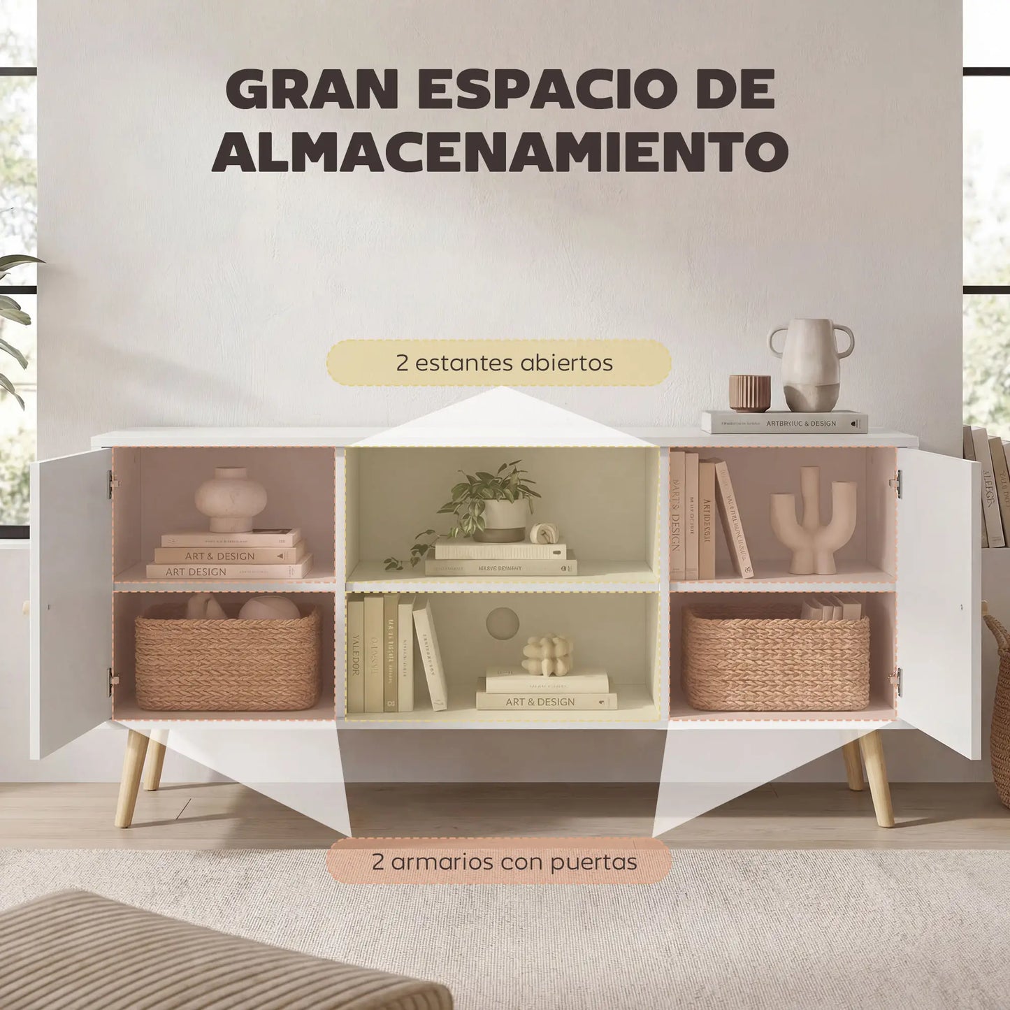 📺 MUEBLE TV “NORDIC 120” – 2 ARMARIOS + 2 ESTANTES · BLANCO Y MADERA · HASTA 55"