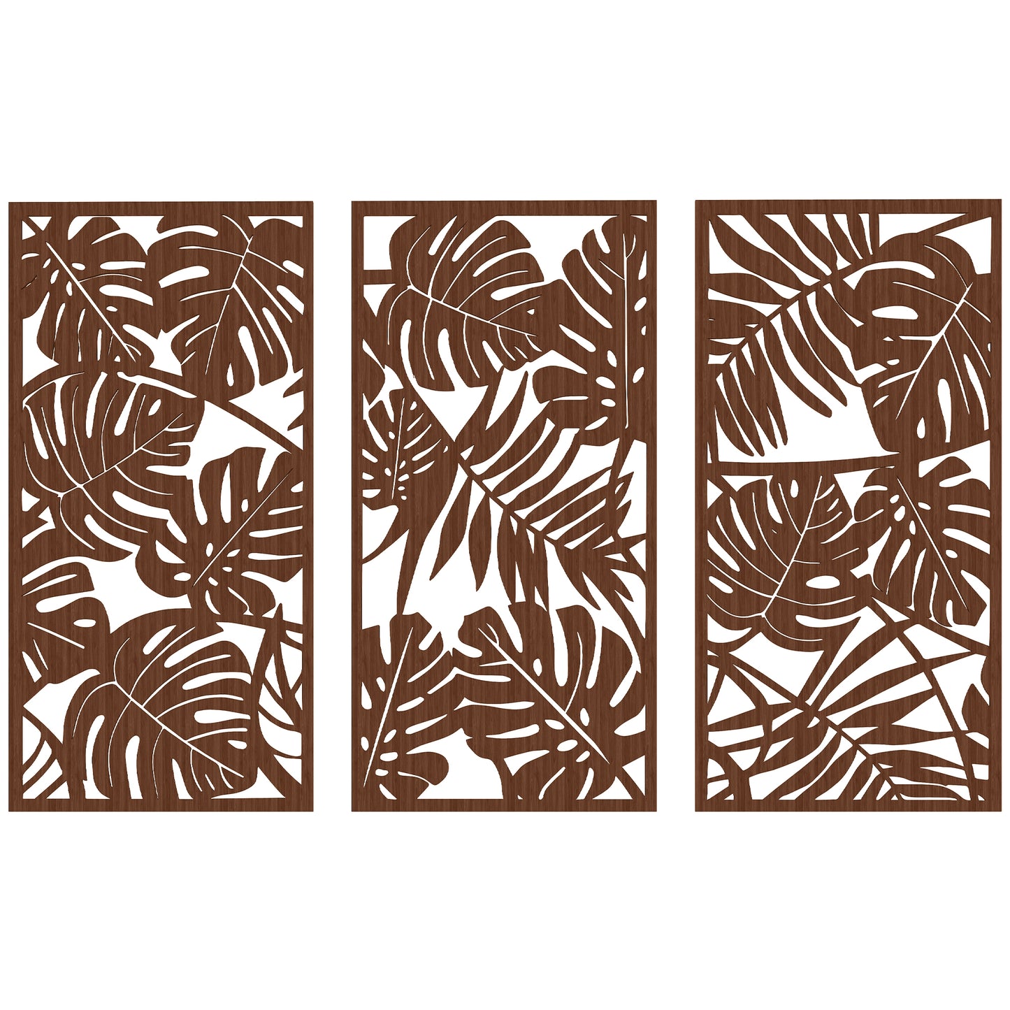 🖼️ CUADROS DECORATIVOS 3D DE PARED 3 PIEZAS 40 × 80 CM – DISEÑO DE HOJAS TROPICALES EN ACABADO NOGAL