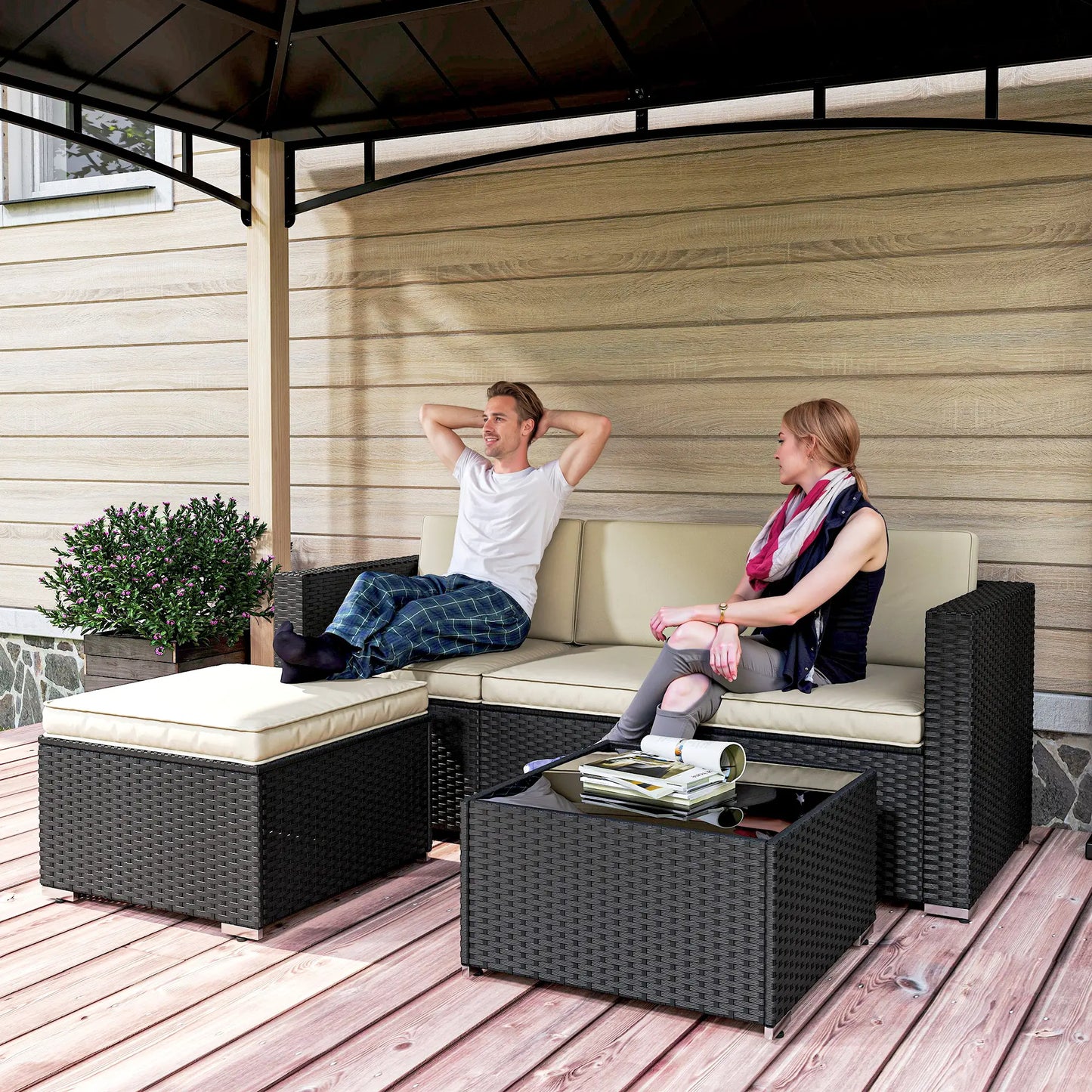 🌿 CONJUNTO DE JARDÍN BARATO 3 PIEZAS “NOIRZEN” – SOFÁ 3 PLAZAS + MESA + TABURETE