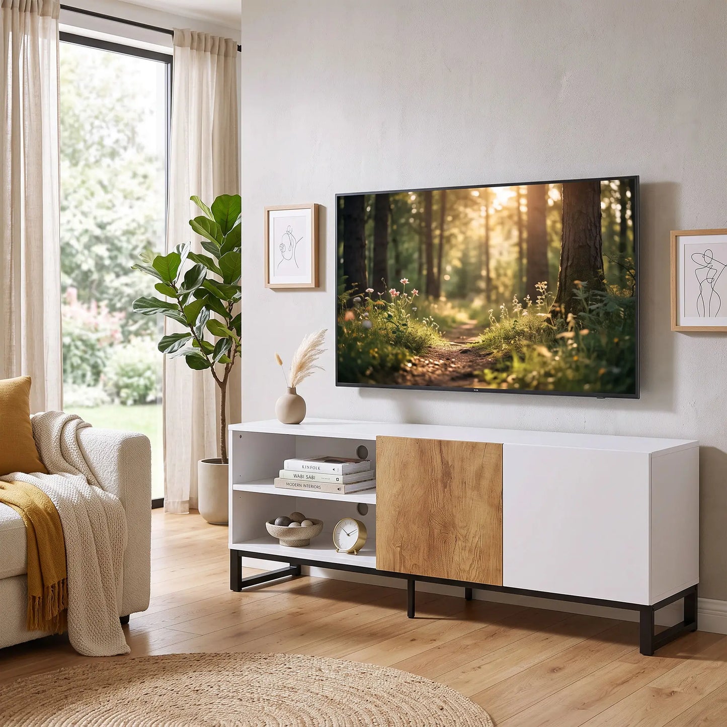 📺 Mueble TV Moderno Blanco y Roble hasta 140 cm | Estantes Ajustables | JAM MUEBLES