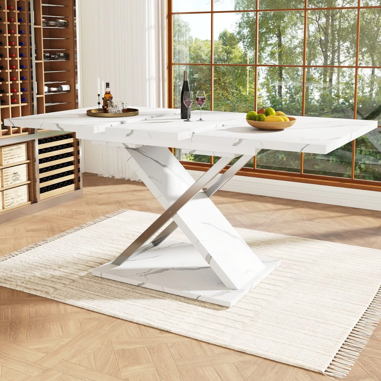 🍽️ Mesa de Comedor Extensible 118-157 cm con Patas Cruzadas – MDF Efecto Mármol – Blanco | JAM MUEBLES