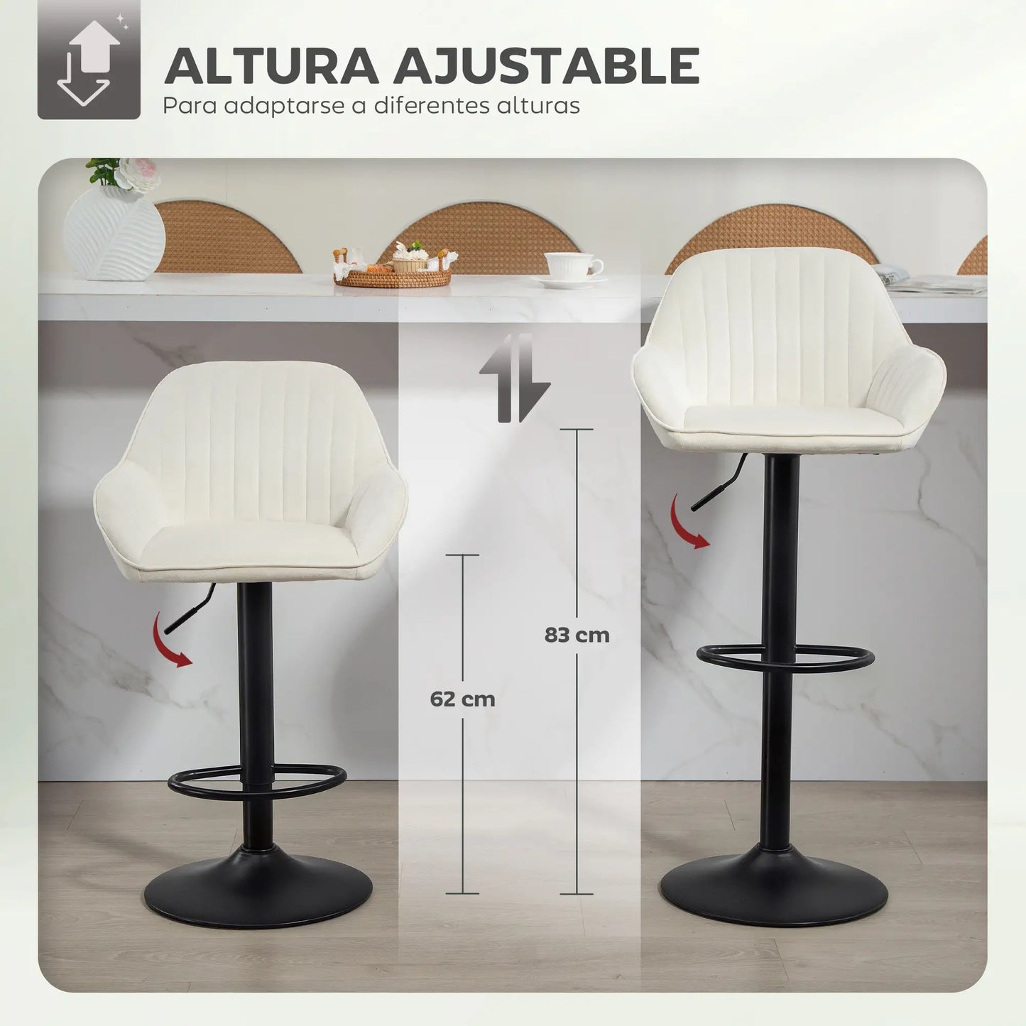 🪑 Juego de 2 Taburetes de Bar Giratorios en Terciopelo Crema – Altura Regulable, Respaldo, Reposabrazos y Reposapiés