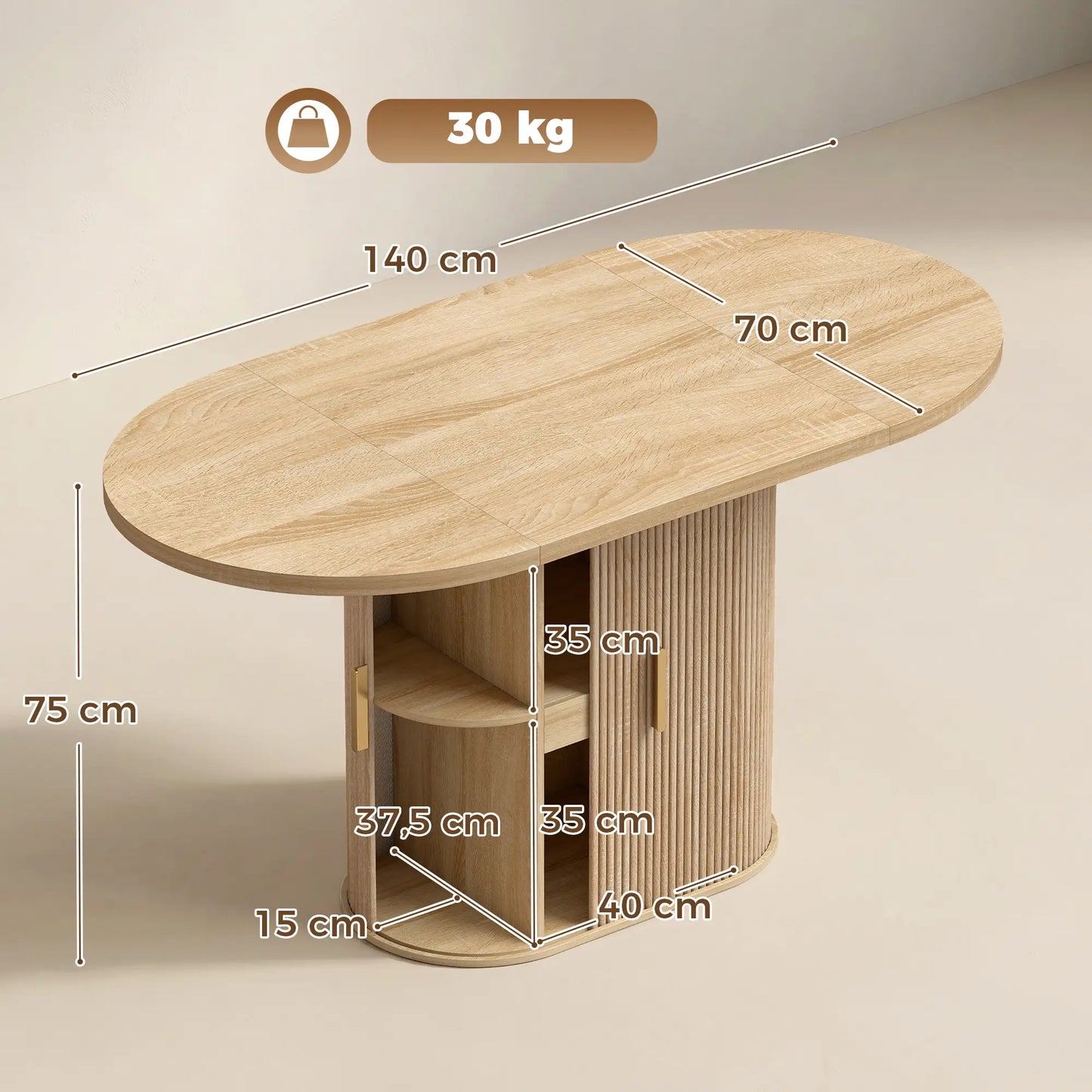 🍽️ MESA DE COMEDOR OVALADA ROBLE 140 CM – CON ALMACENAJE INTEGRADO Y ESTILO FARMHOUSE