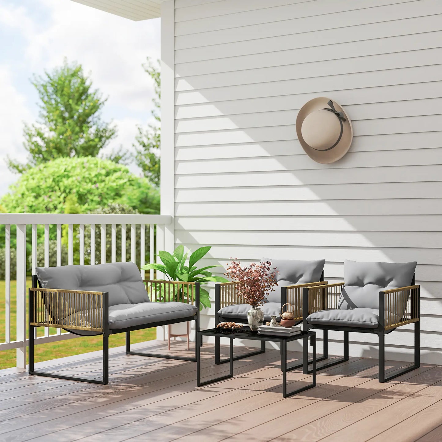 🌿 CONJUNTO DE JARDÍN 4 PIEZAS BARATO “RATTANIA” – SOFÁ EXTERIOR + SILLONES + MESA