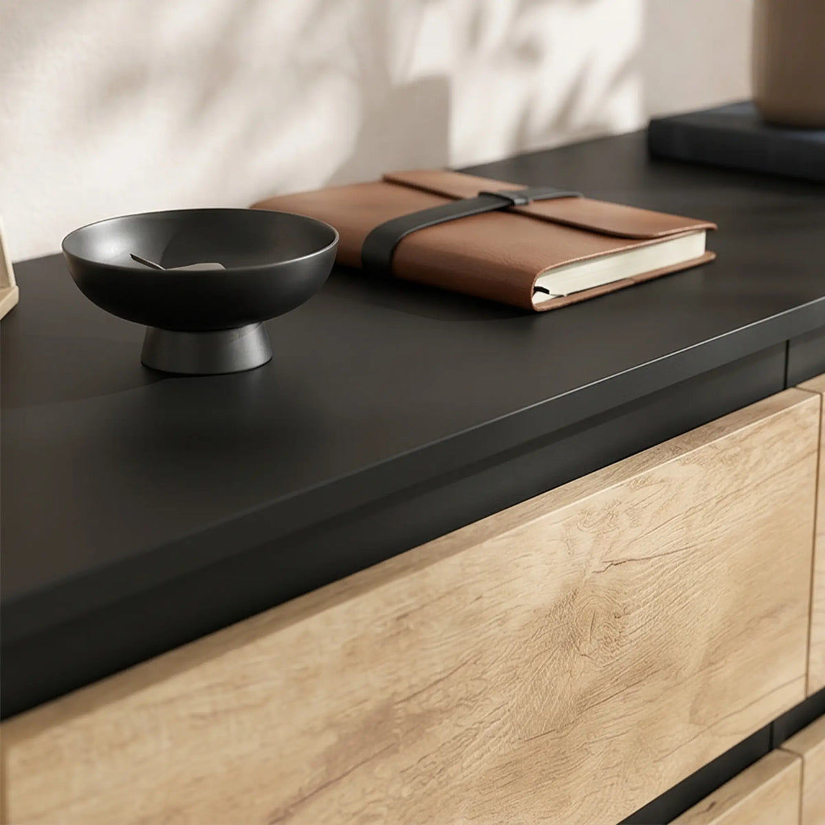 🖤 CÓMODA OAK BLACK 6C – 6 CAJONES NEGRO Y ROBLE SIN TIRADORES 120 CM