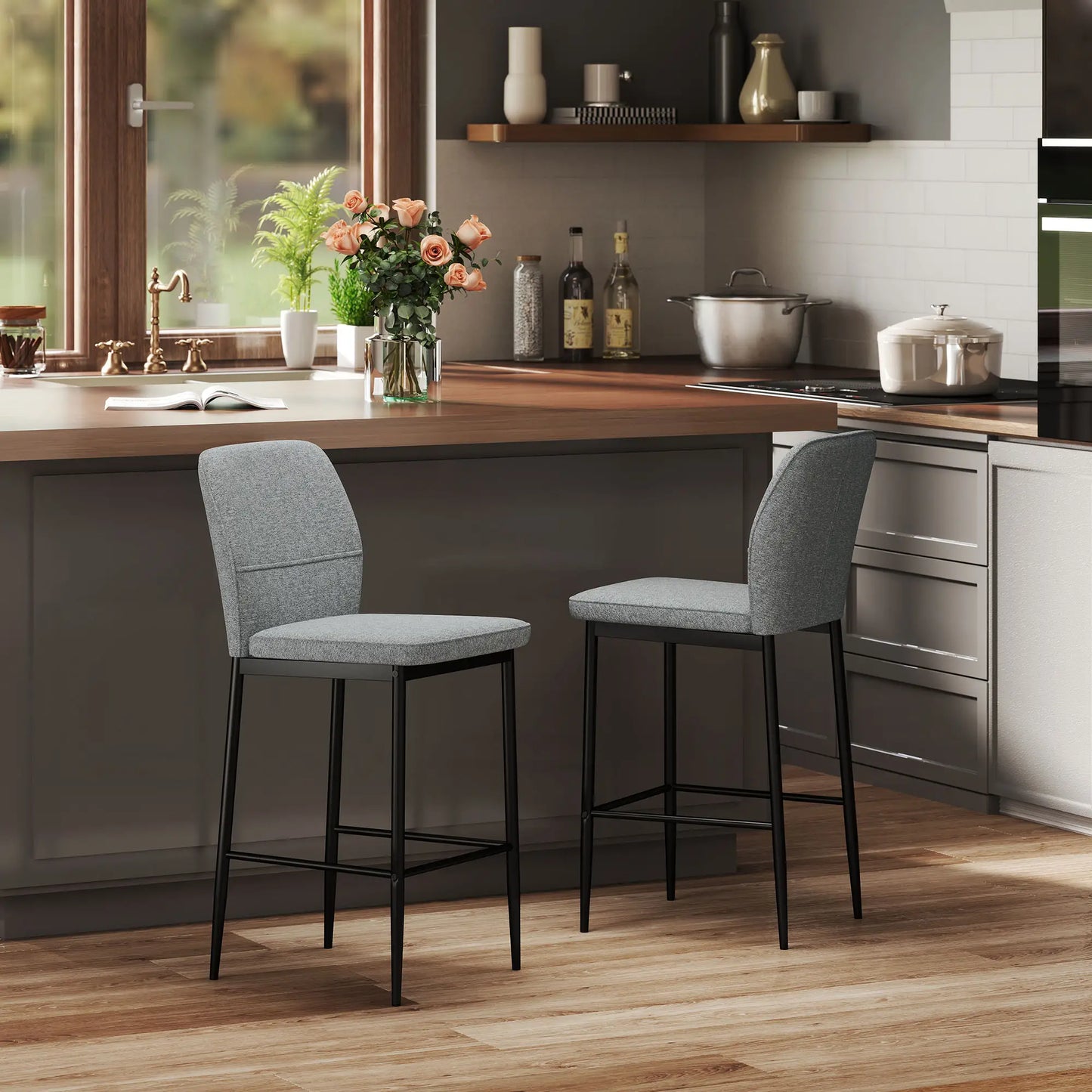 🪑 Set de 2 Taburetes Altos Tapizados en Terciopelo Gris con Patas de Acero – Diseño Moderno para Cocina, Barra o Comedor