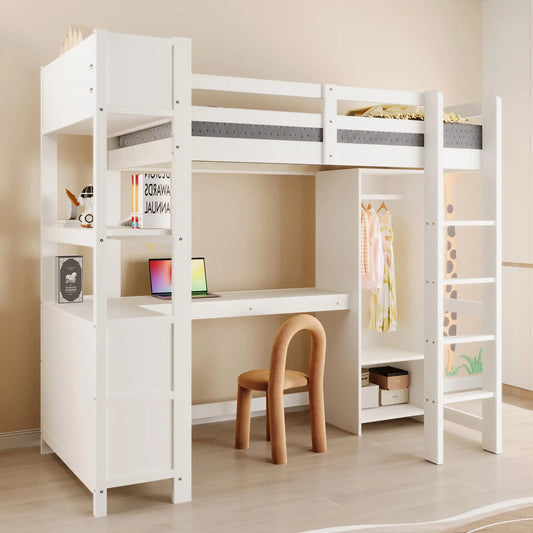🛏️ CAMA ALTA INFANTIL 90x200 CM CON ESCRITORIO, ARMARIO Y ESTANTERÍAS – BLANCO O COLOR NATURAL