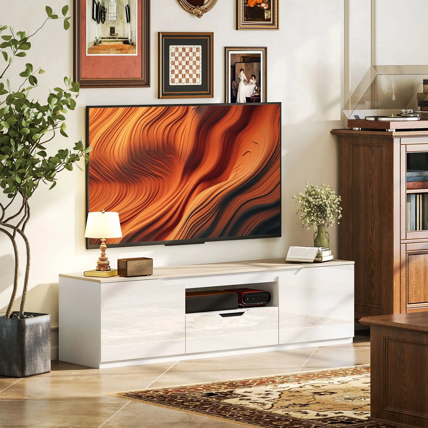 📺 MUEBLE TV “GLOSS 160” – ALTO BRILLO · 2 PUERTAS + CAJÓN + HUECO ABIERTO · HASTA 65"